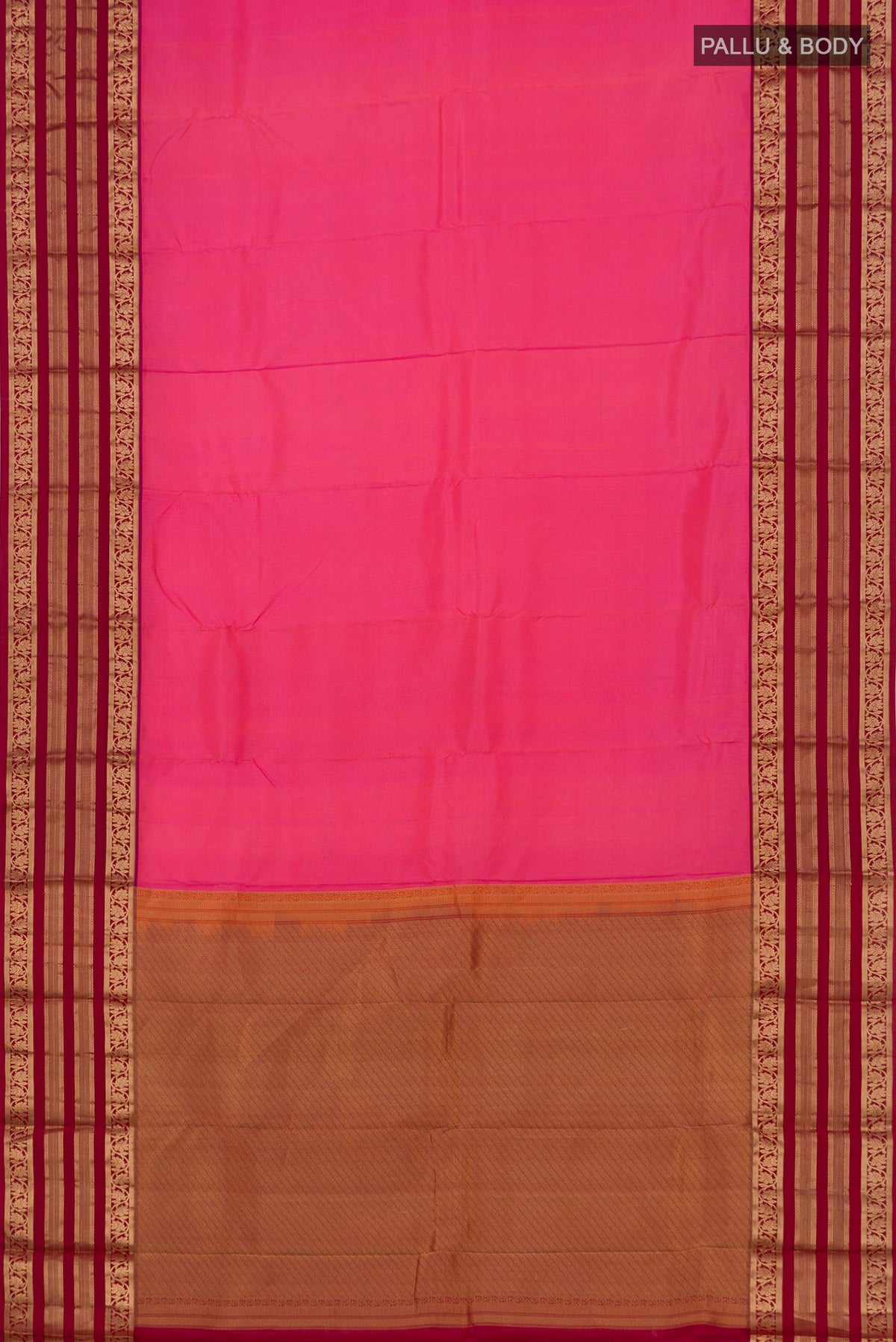 Flat view of Pink Kanchipuram Silk Saree with Plain Body and Zari Border. 