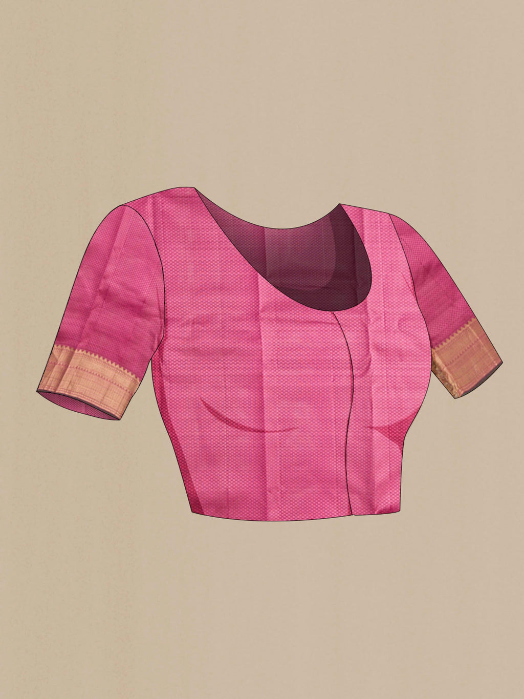 Close up image of the blouse of Pink Kanchipuram Silk Saree with Jacquard design on the body and Zari Border
