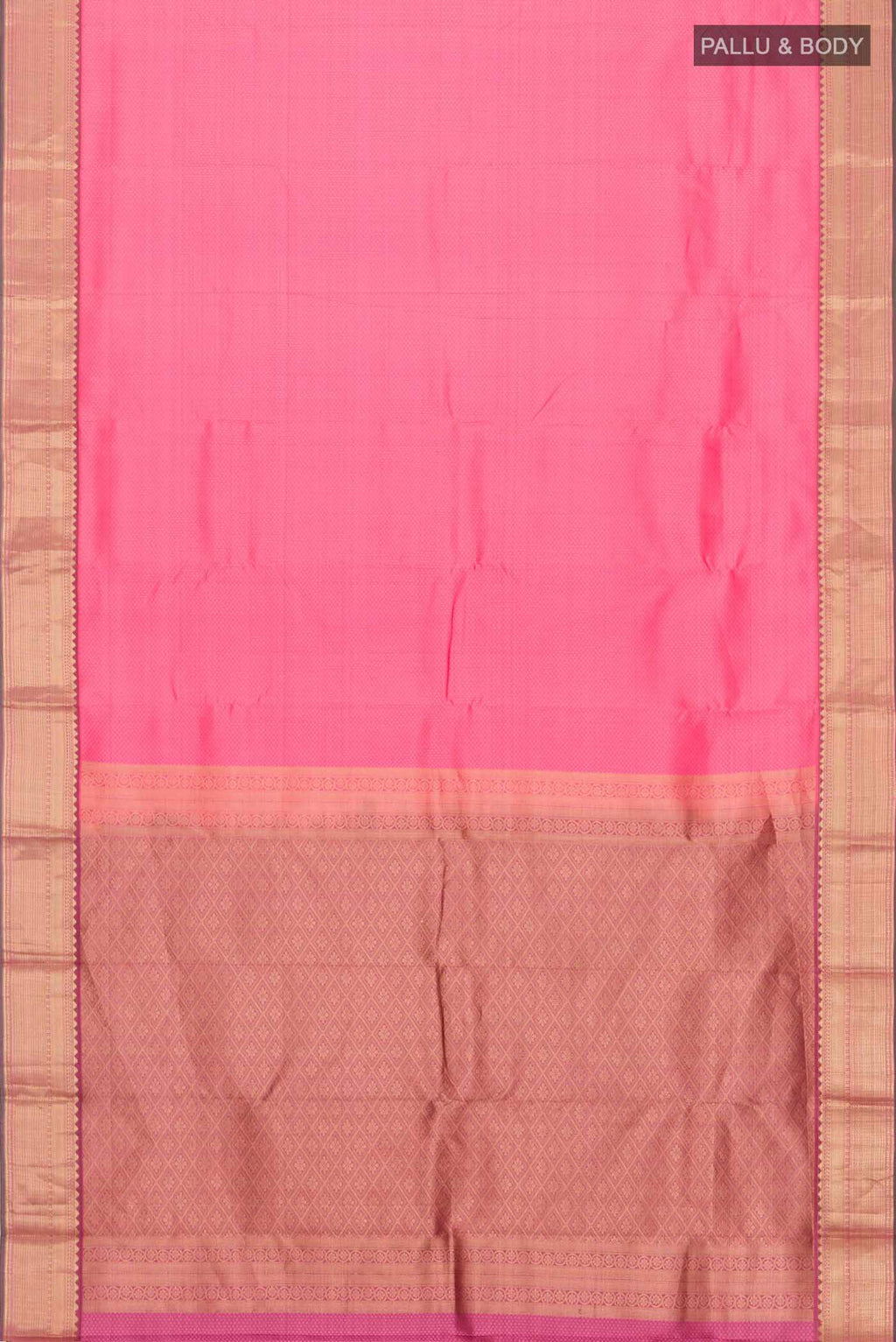 Flat view of Pink Kanchipuram Silk Saree with Jacquard design on the body and Zari Border