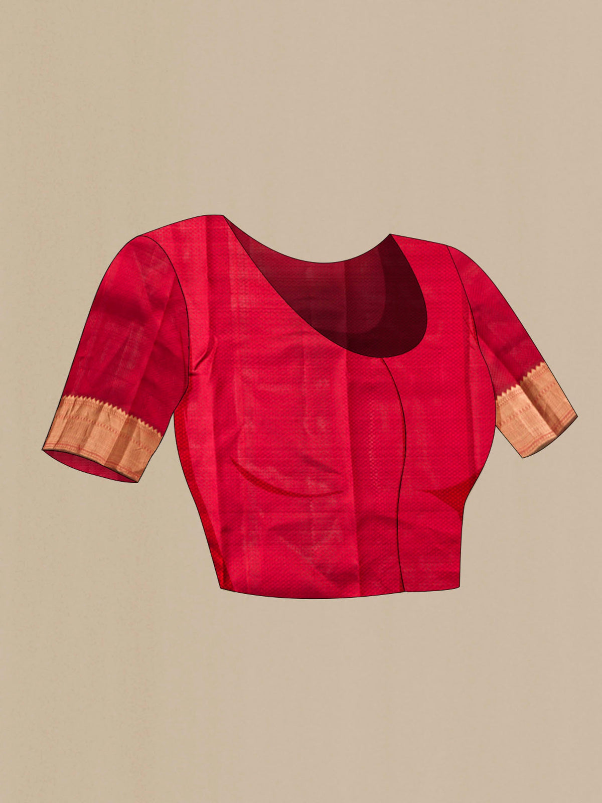 Close up image of the blouse of Red Kanchipuram Silk Saree with Jacquard design on the body and Zari Border