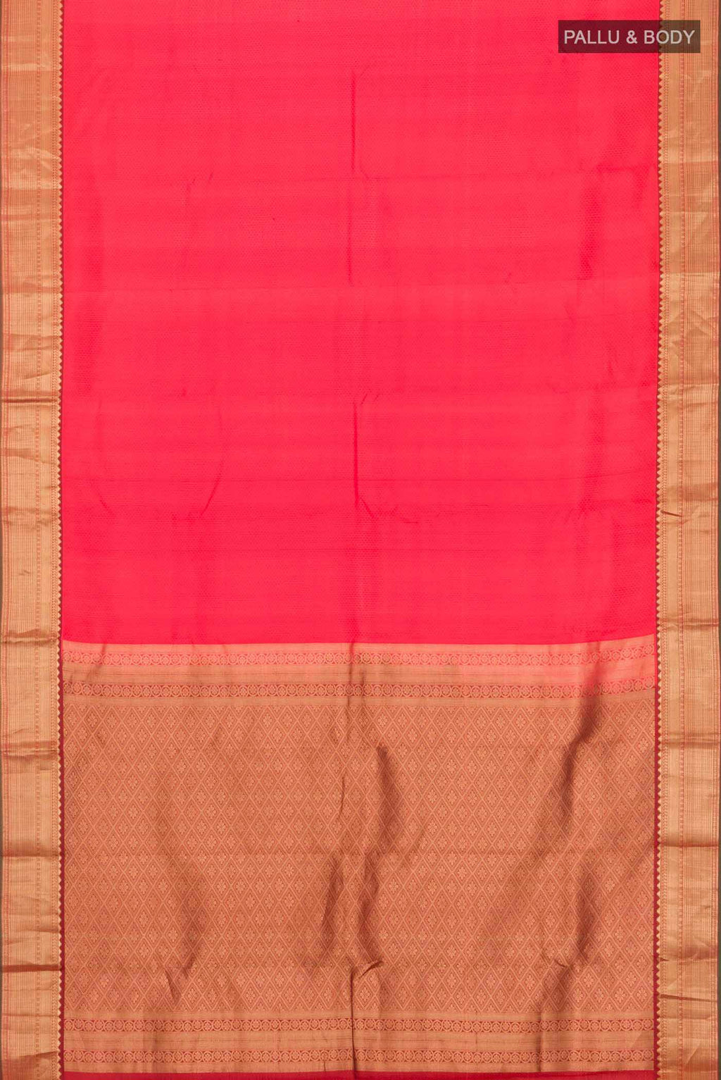 Flat view of Red Kanchipuram Silk Saree with Jacquard design on the body and Zari Border