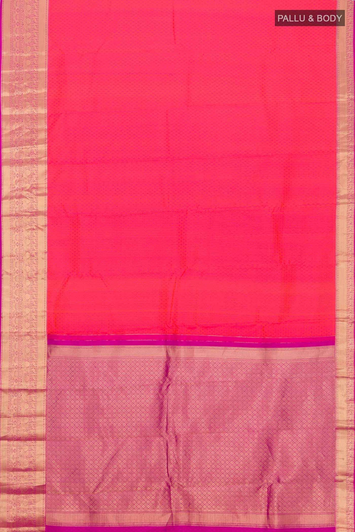 Flat view of Pink Kanchipuram Silk Saree with Jacquard design on the body and Zari Border
