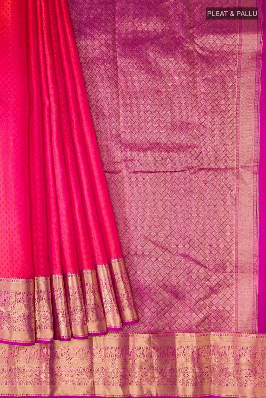 Pleats and pallu of Pink Kanchipuram Silk Saree with Jacquard design on the body and Zari Border