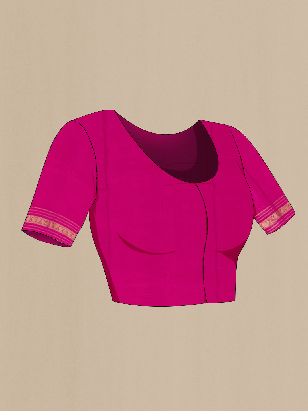 Close up image of the blouse of Purple Kanchipuram Saree with Jacquard With Zari Butta on the body and Zari Border. 