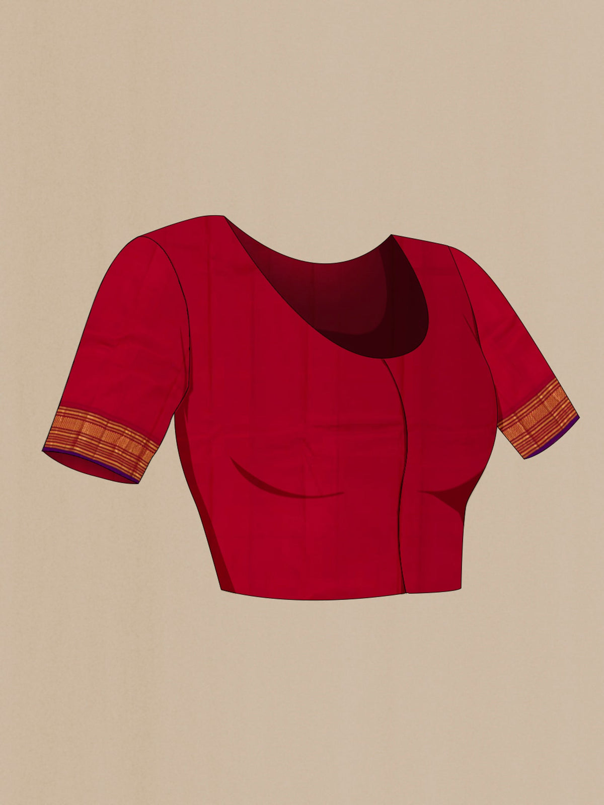 Close up image of the blouse of Pure Silk Pure Zari Red Kanjivaram Saree with Plain Body and Zari Border. 