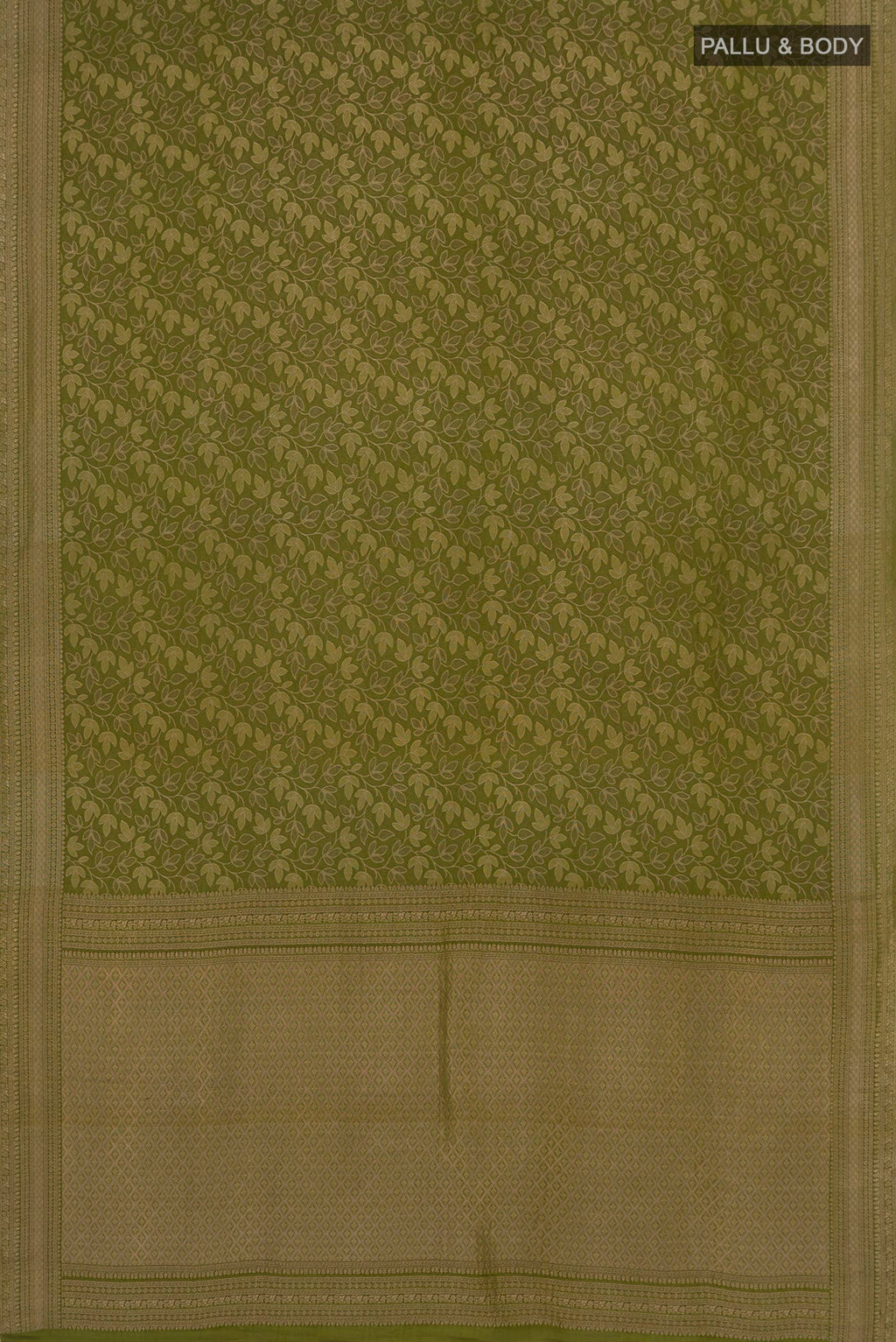Flat view of Green Mysore Crepe Saree with Zari Brocade on the body and Fancy Border. 