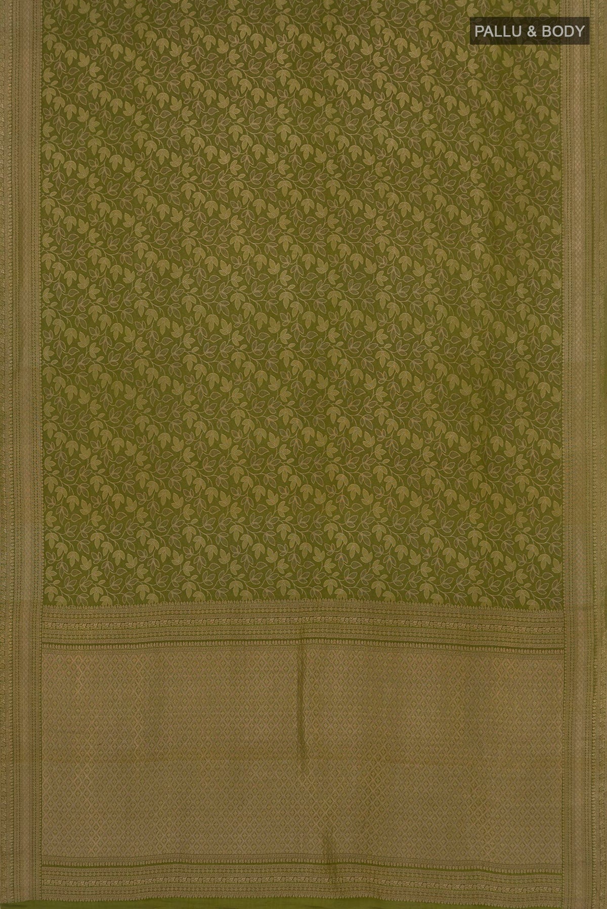 Flat view of Green Mysore Crepe Saree with Zari Brocade on the body and Fancy Border. 