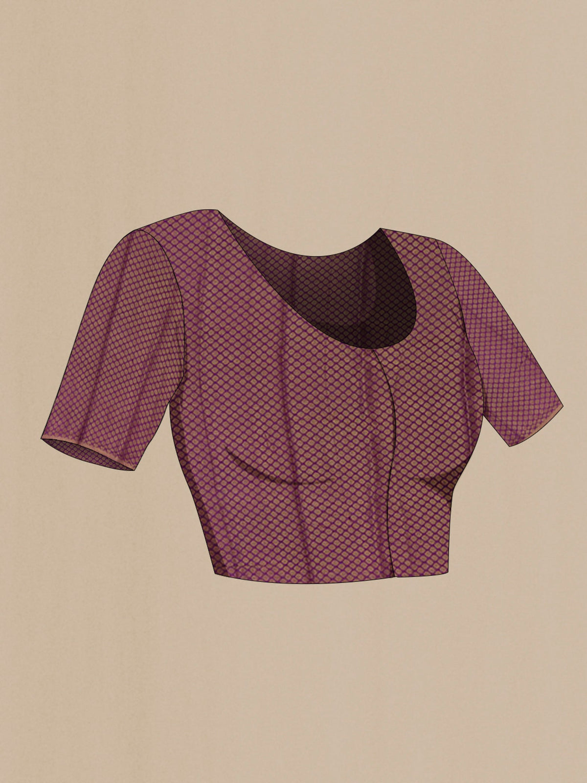 Close up image of the blouse of Purple Chiffon Saree with Fancy on the body and Zari Border. 