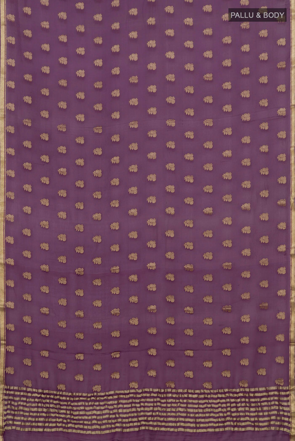 Flat view of Purple Chiffon Saree with Fancy on the body and Zari Border. 