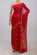 Red Mysore Chiffon Saree with Zari Butta on the body and Zari Border.  displayed on a mannequin