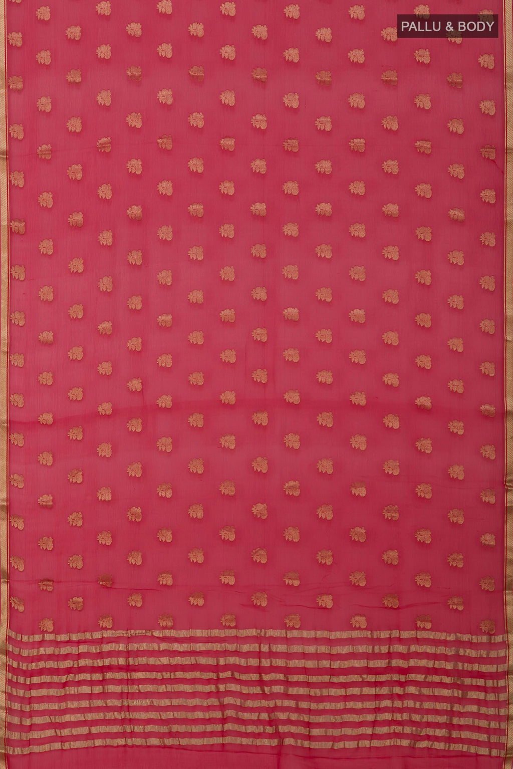 Flat view of Red Mysore Chiffon Saree with Zari Butta on the body and Zari Border. 