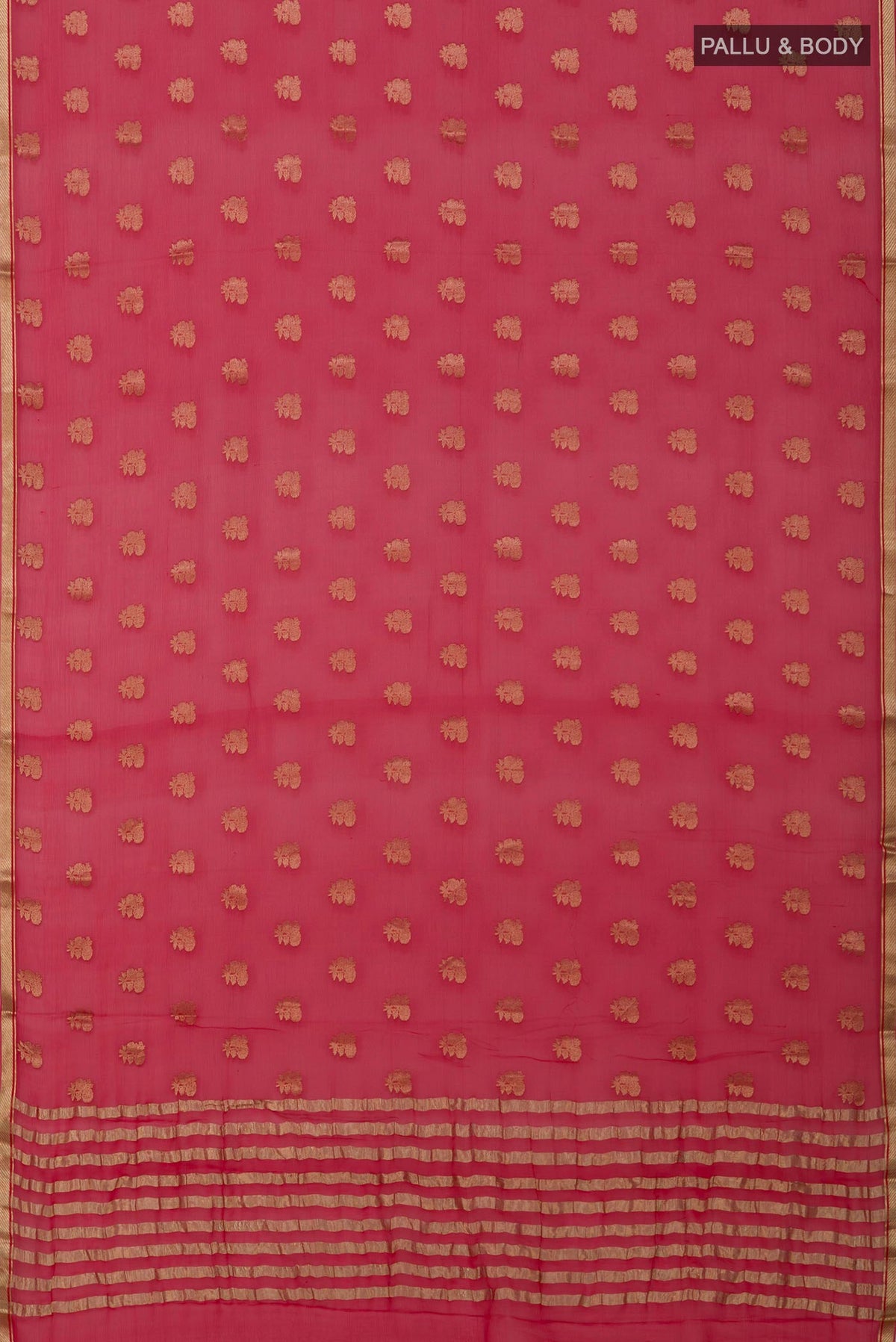 Flat view of Red Mysore Chiffon Saree with Zari Butta on the body and Zari Border. 