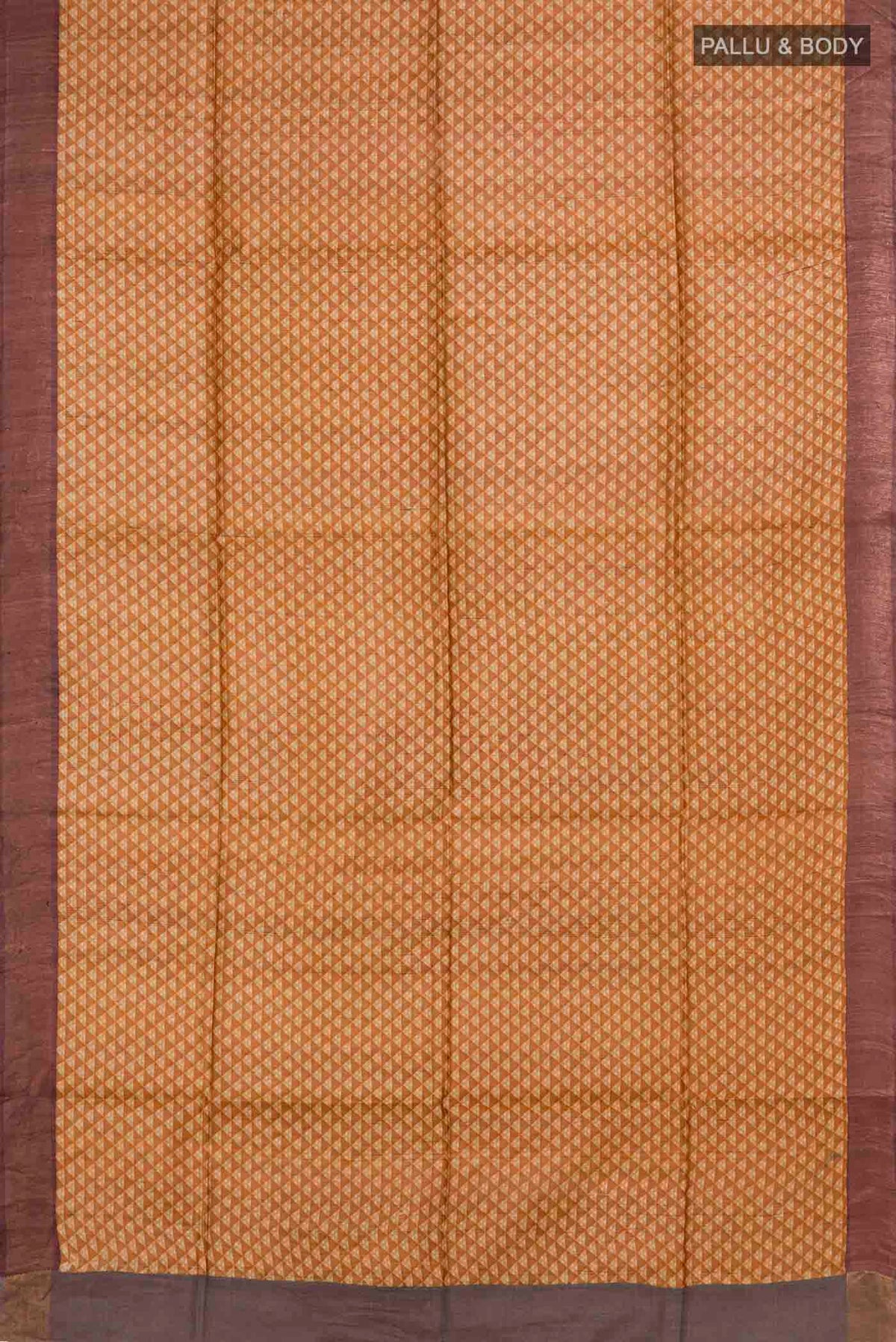 Flat view of Mustard Bhagalpuri Tussar Silk Saree with Printed design on the body and Zari Border