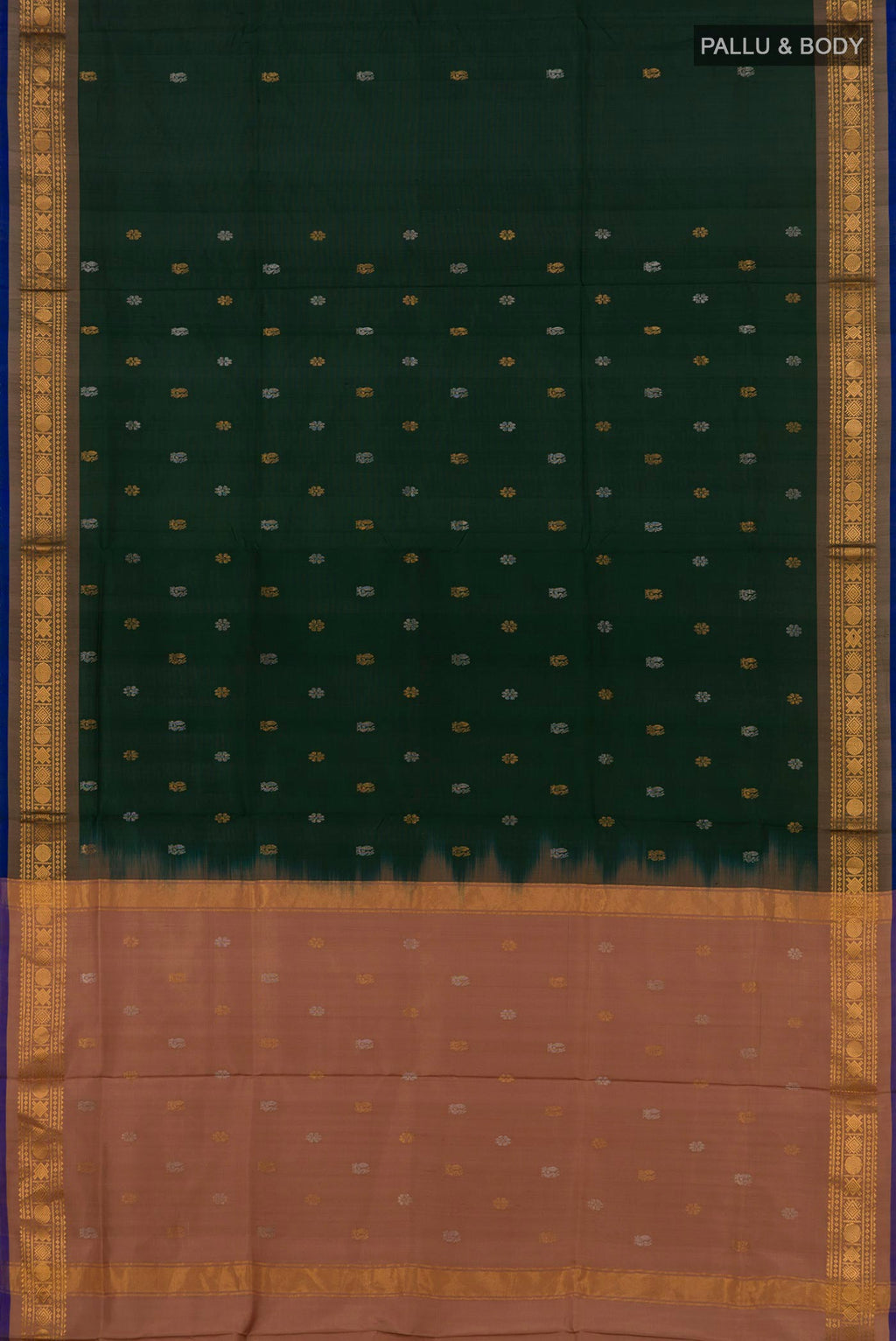 Flat view of Green Uppada Silk Saree with Zari Butta on the body and Zari Border. 