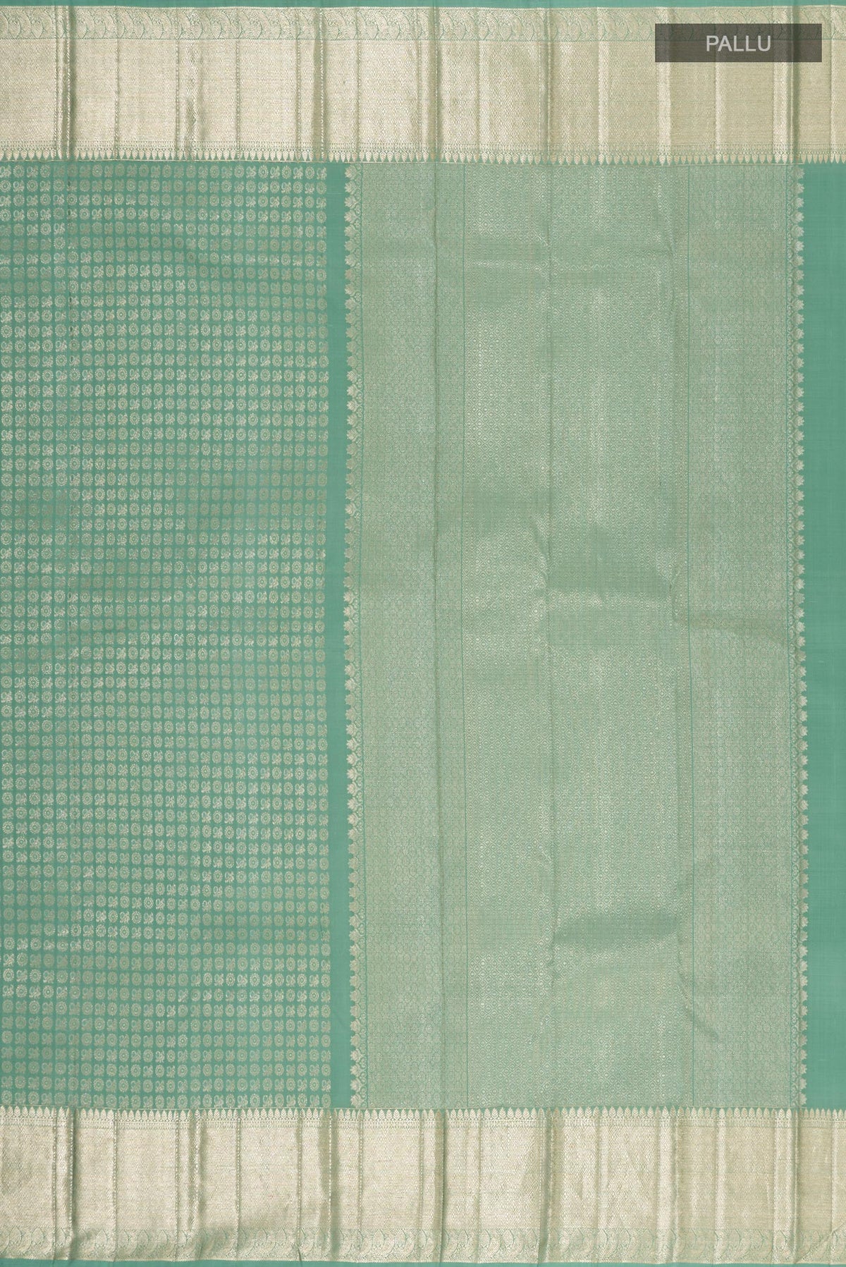 Close up image of the pallu of Light Green Kanchipuram Silk Saree with Zari Brocade on the body and Zari Border. 