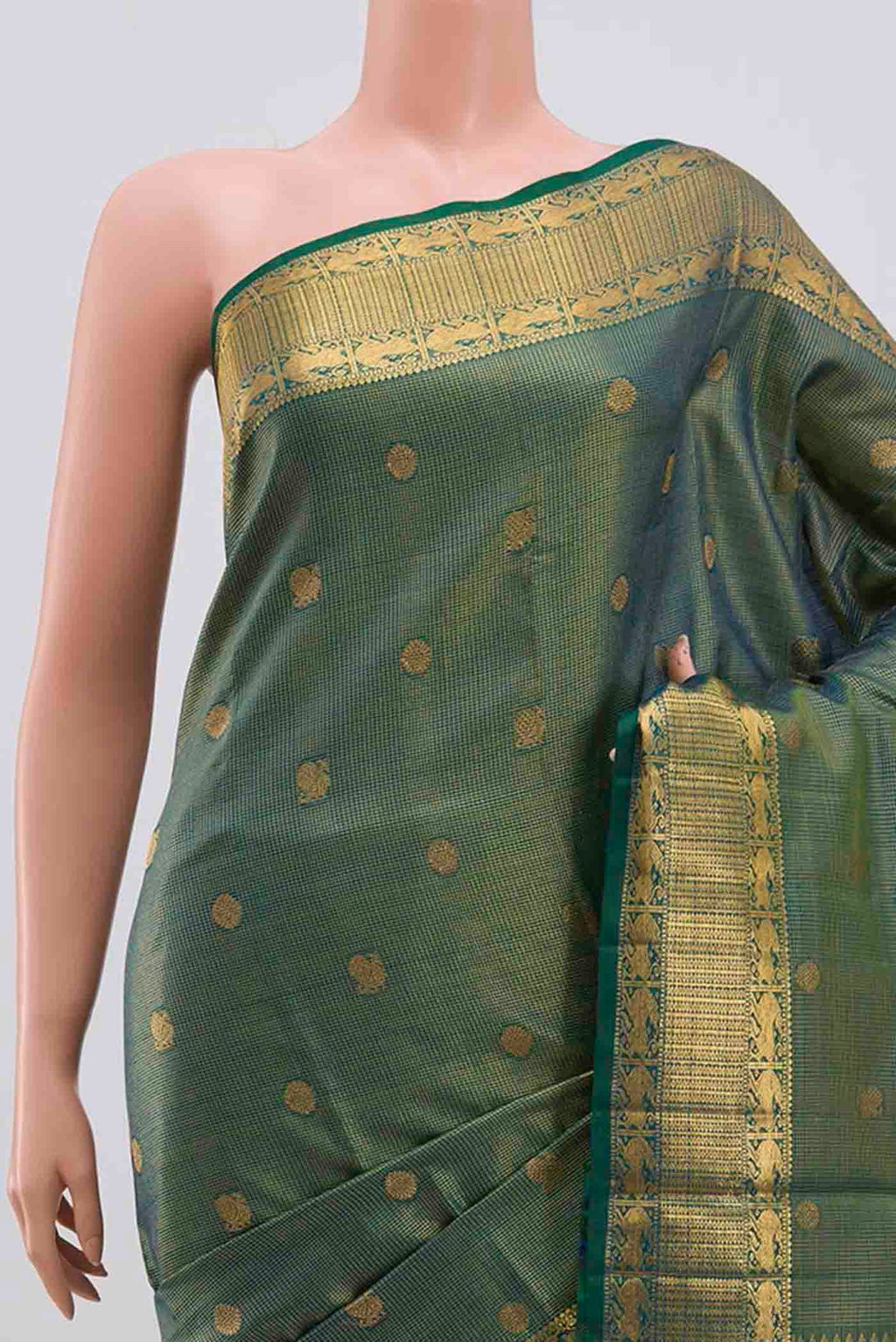 Border image of Green With Blue Color Kanchipuram Silk Saree with Checked design on the body and Zari Border