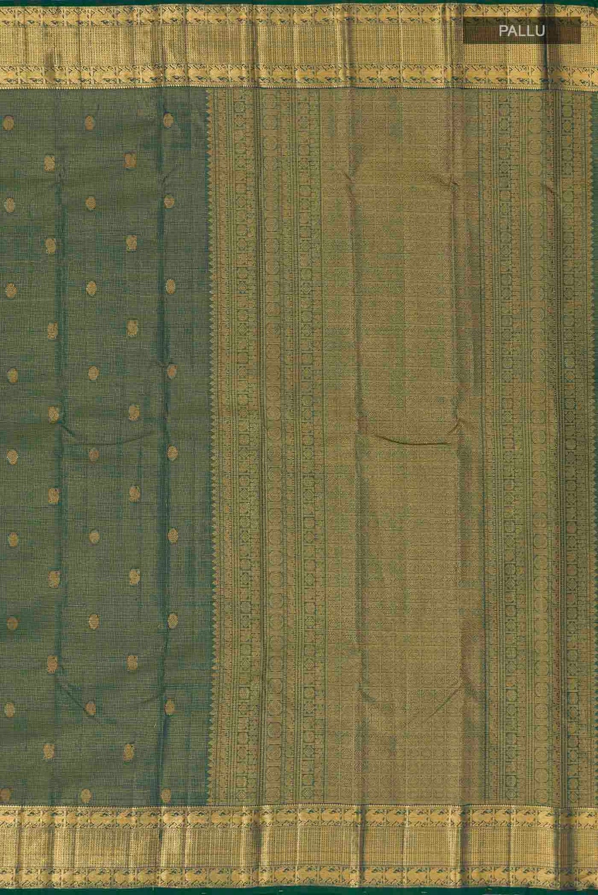 Close up image of the pallu of Green With Blue Color Kanchipuram Silk Saree with Checked design on the body and Zari Border