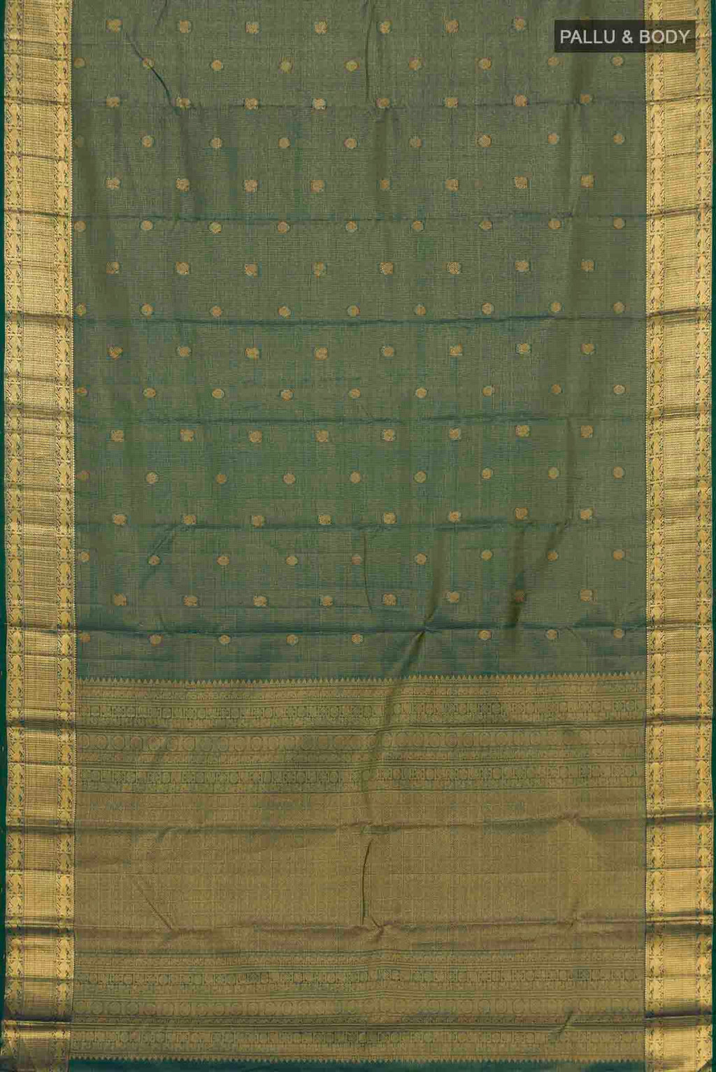 Flat view of Green With Blue Color Kanchipuram Silk Saree with Checked design on the body and Zari Border