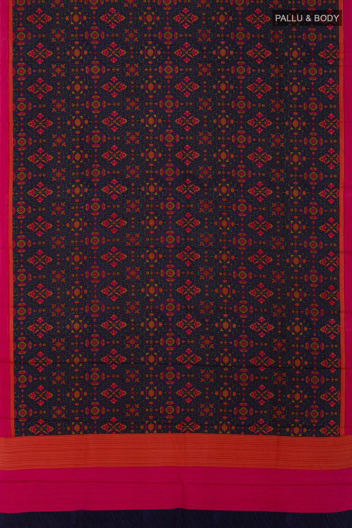 Flat view of Navy Blue Printed Silk Saree with Printed design on the body and Plain Border. 