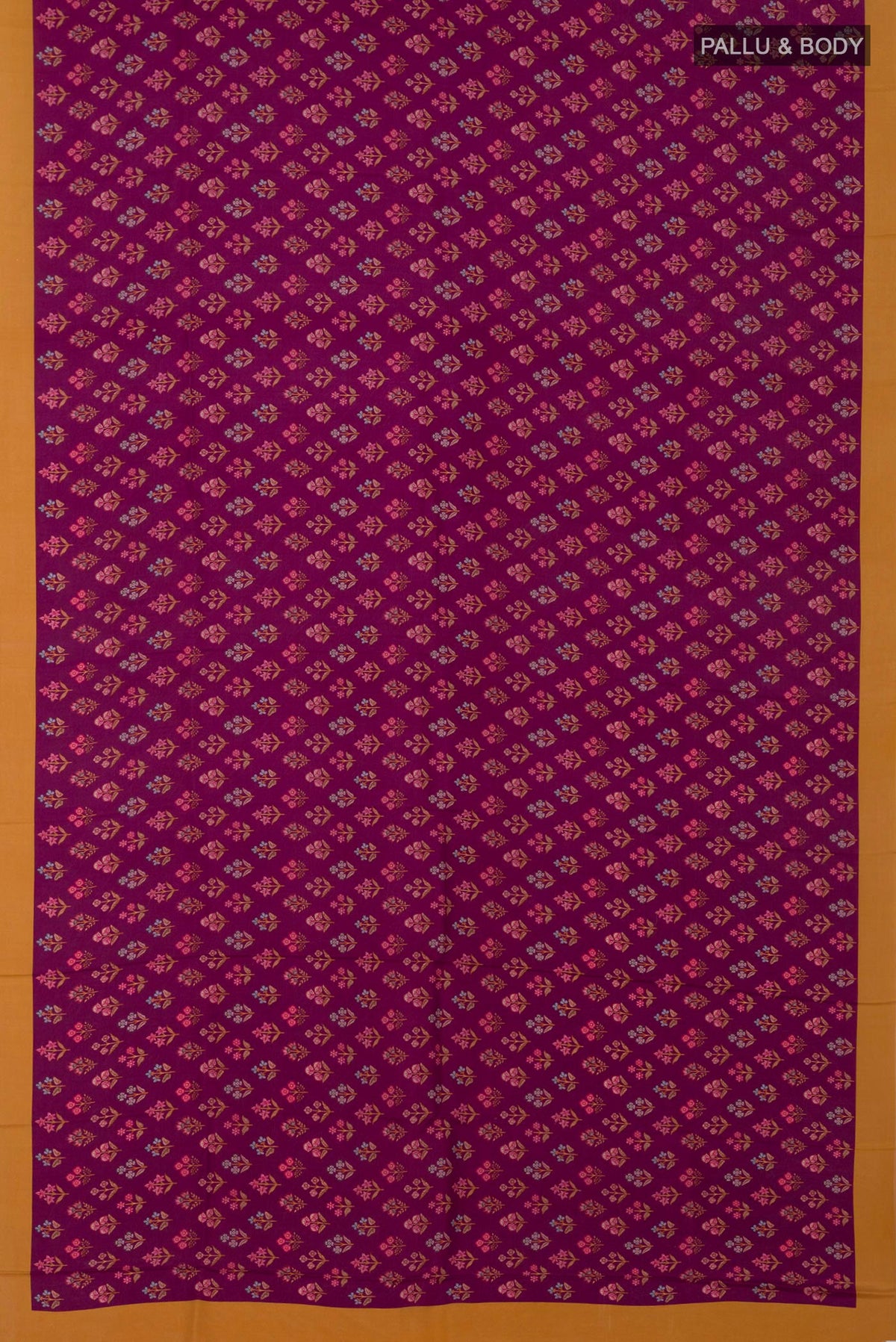 Flat view of Purple Printed Silk Saree with Printed design on the body and Plain Border. 