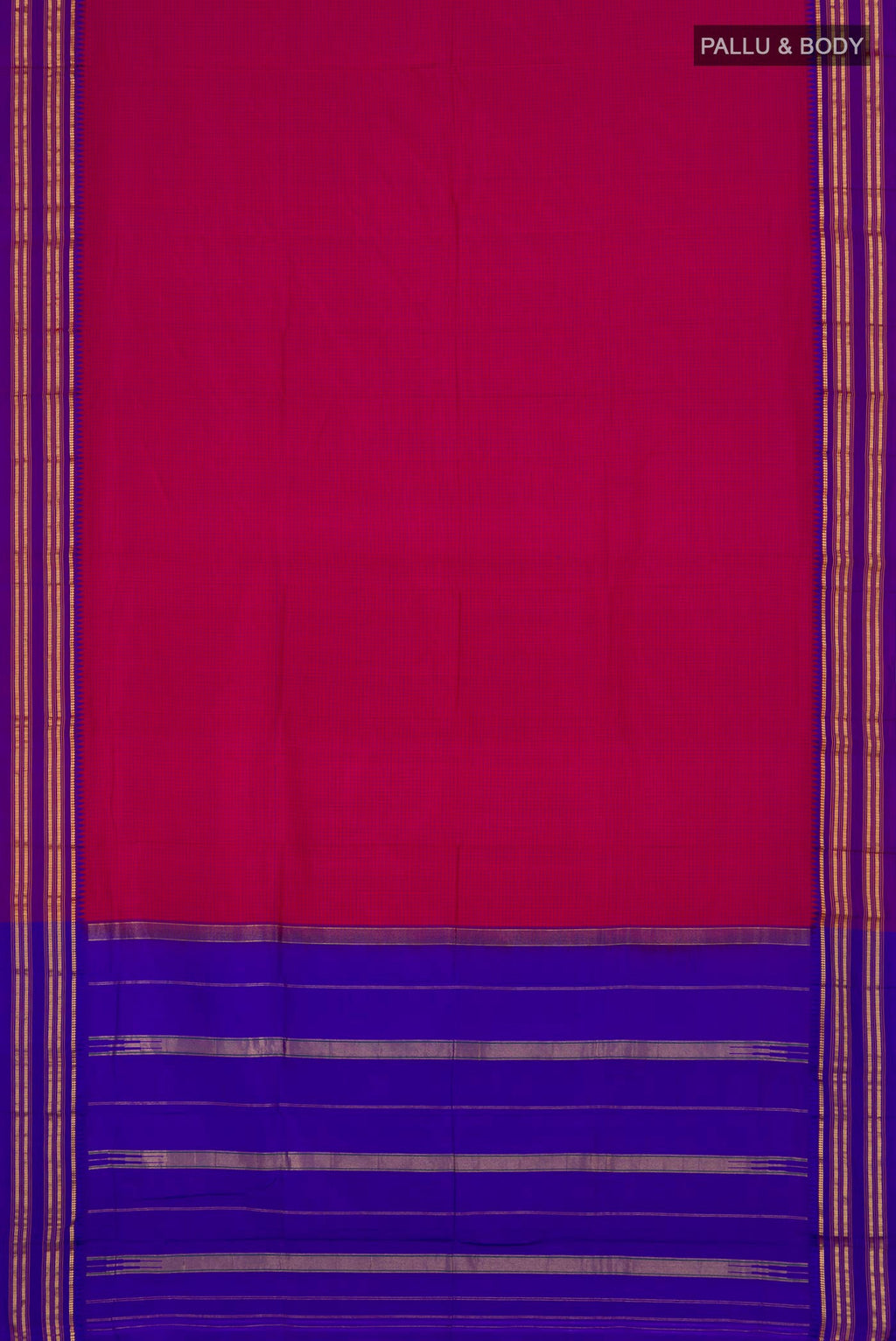 Flat view of Pink Narayanpet Silk Saree with Checked design on the body and Thin Zari Line. 