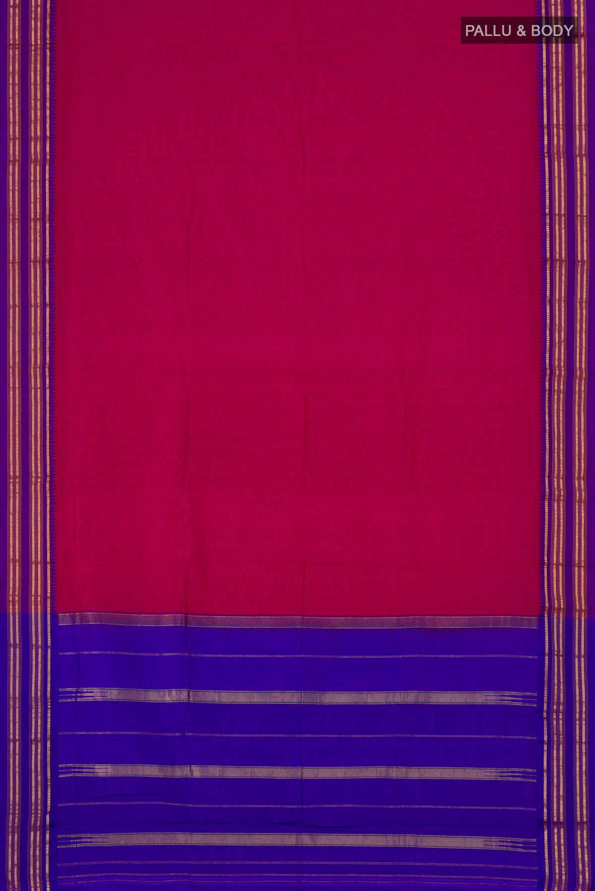 Flat view of Pink Narayanpet Silk Saree with Checked design on the body and Thin Zari Line. 