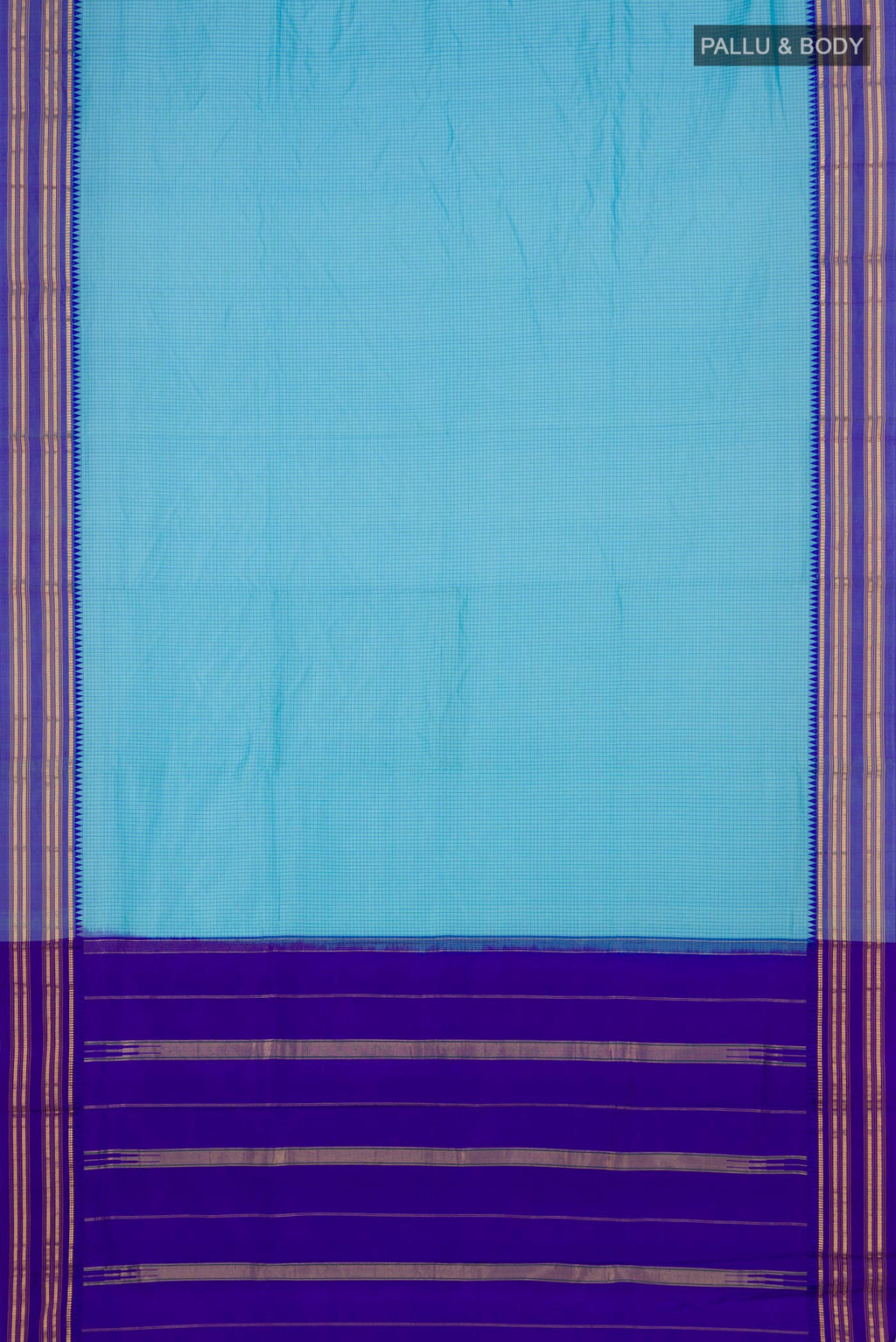 Flat view of Sky Blue Narayanpet Silk Saree with Checked design on the body and Thin Zari Line. 