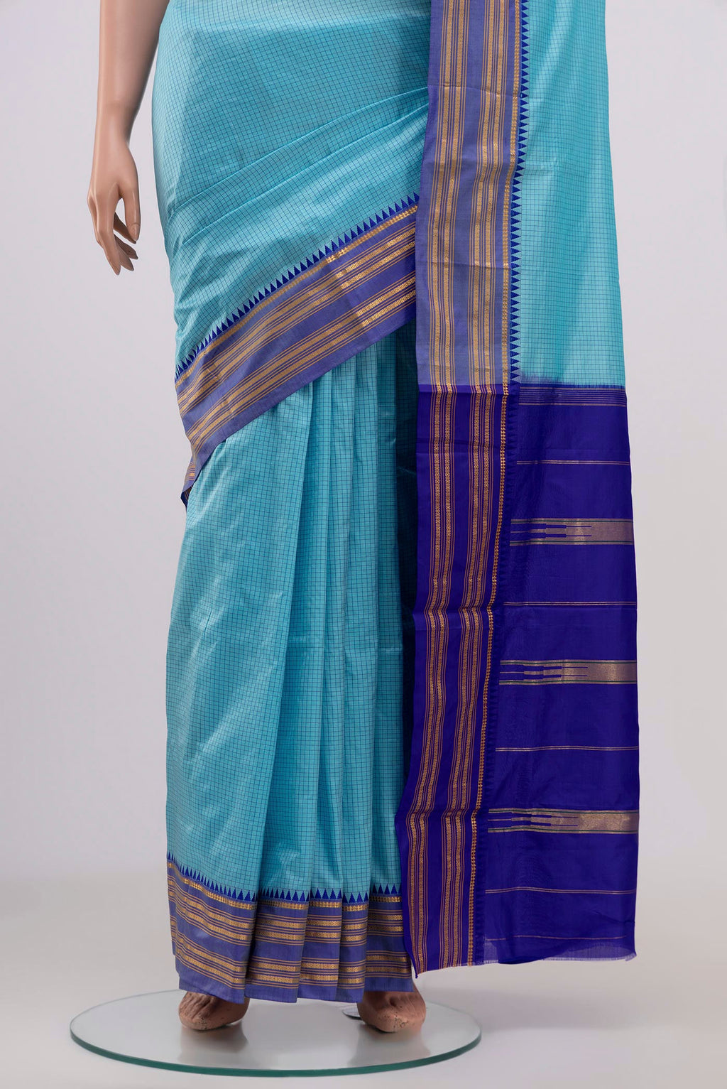 Pleats and pallu of Sky Blue Narayanpet Silk Saree with Checked design on the body and Thin Zari Line. 
