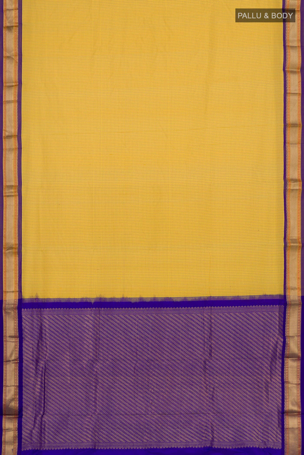 Flat view of Yellow Narayanpet Silk Saree with Checked design on the body and Zari Border. 