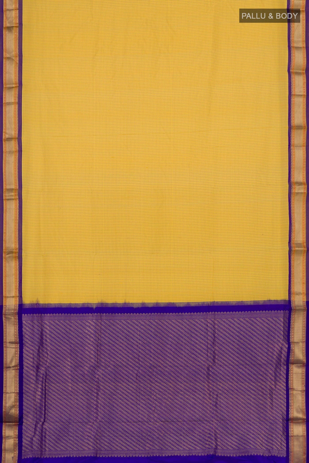 Flat view of Yellow Narayanpet Silk Saree with Checked design on the body and Zari Border. 