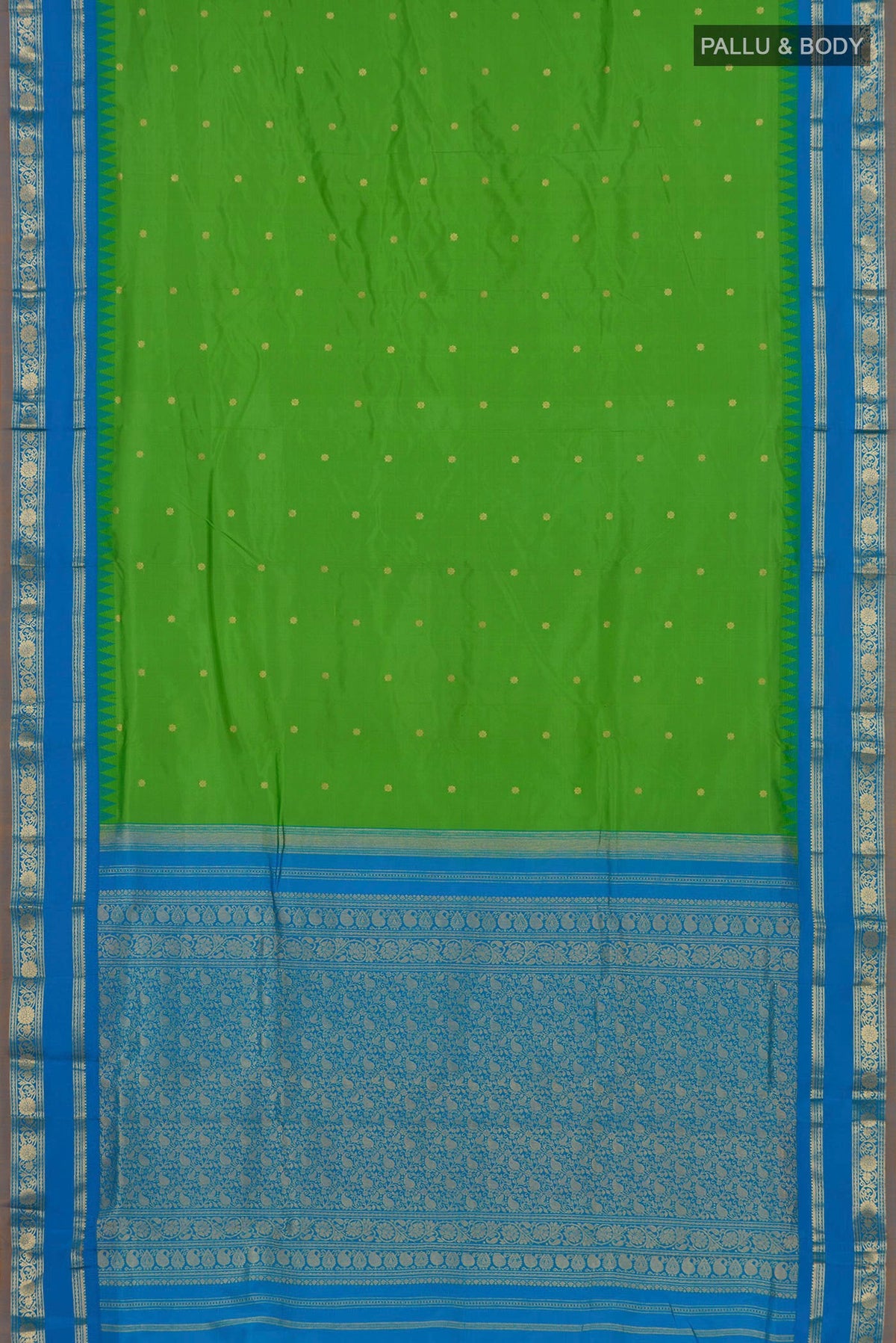 Flat view of Green Narayanpet Silk Saree with Zari Butta on the body and Zari Border. 