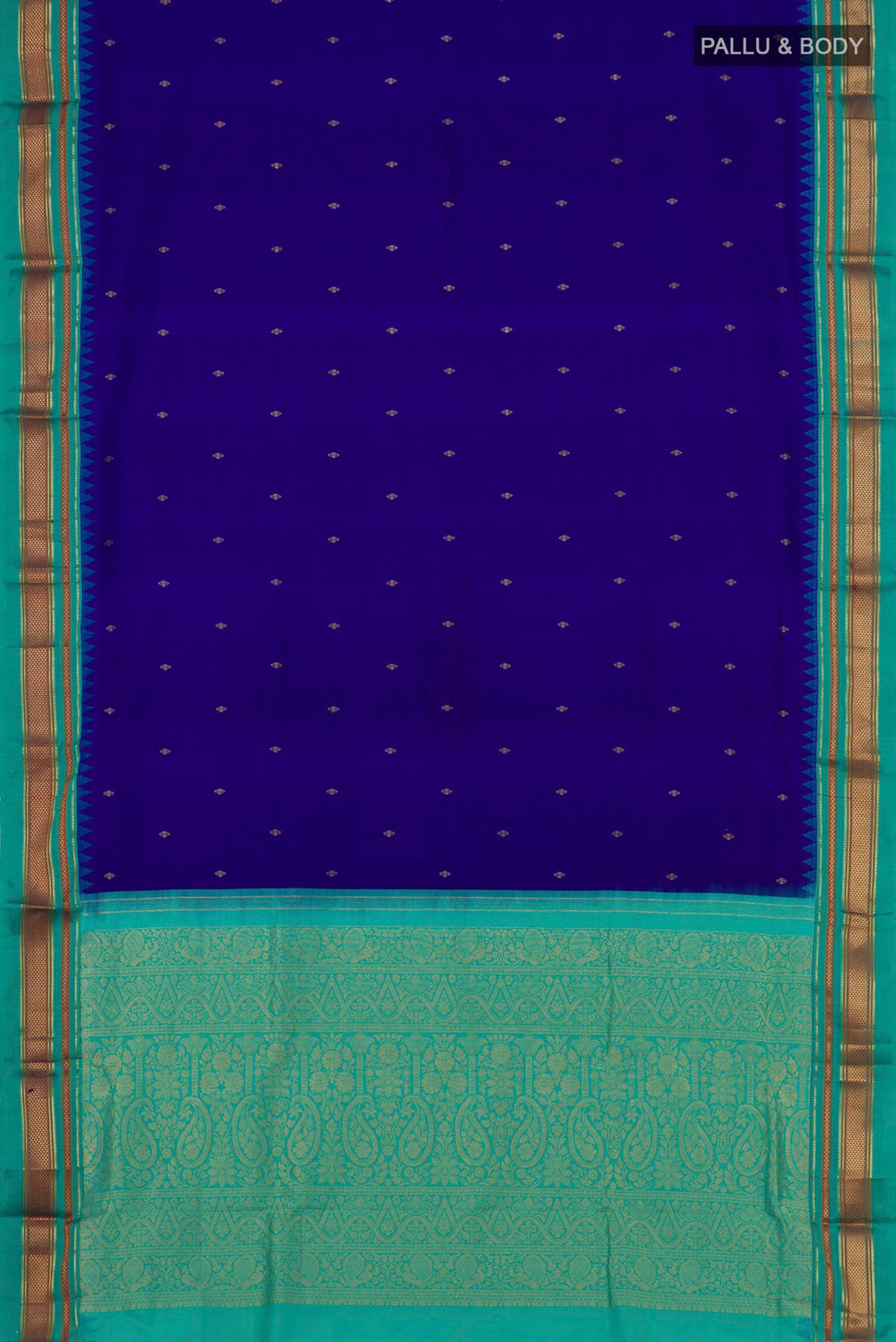 Flat view of Navy Blue Narayanpet Silk Saree with Zari Butta on the body and Zari Border. 