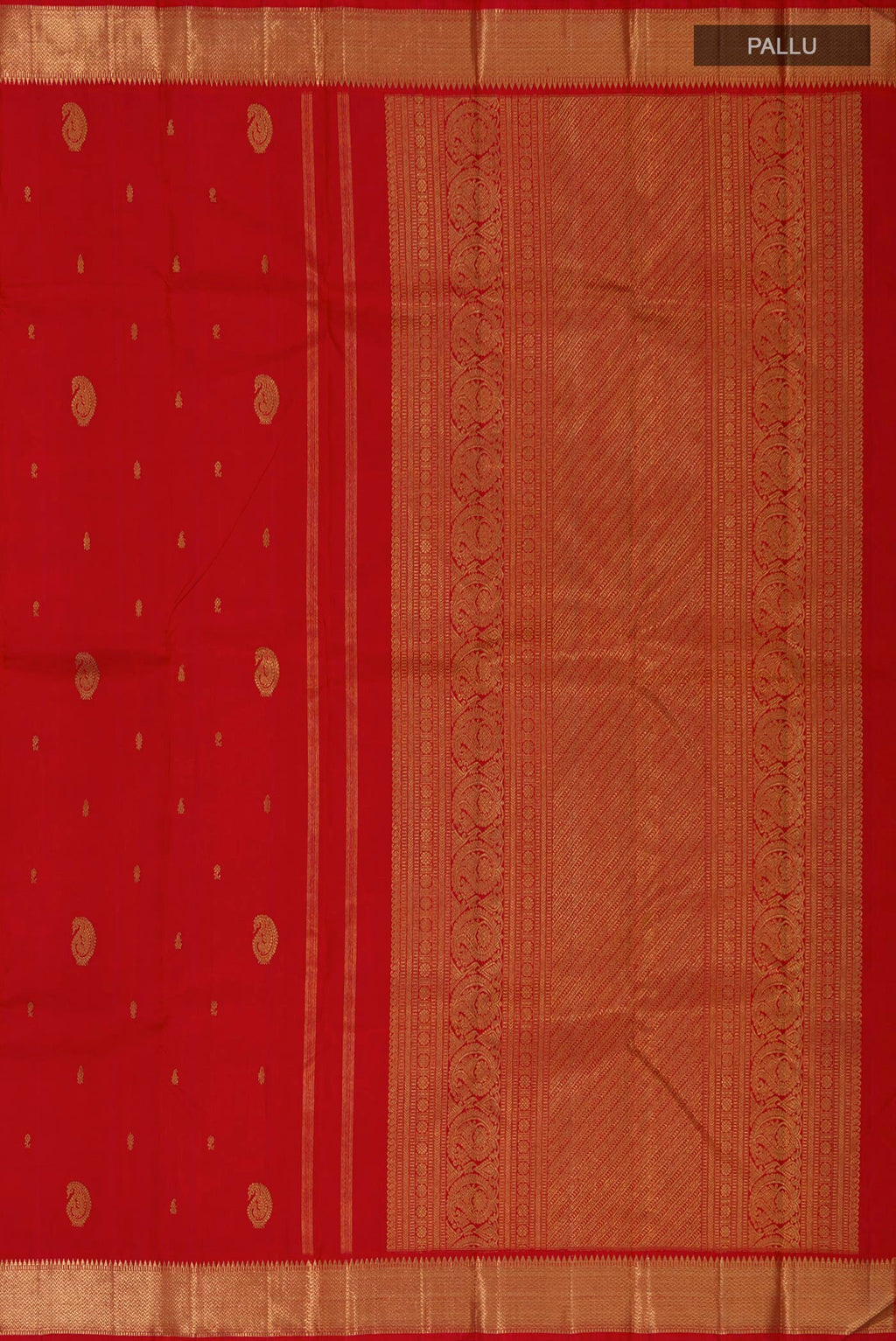 Close up image of the pallu of Pure Silk Pure Zari Red Kanchipuram Saree with Zari Butta on the body and Zari Border. 