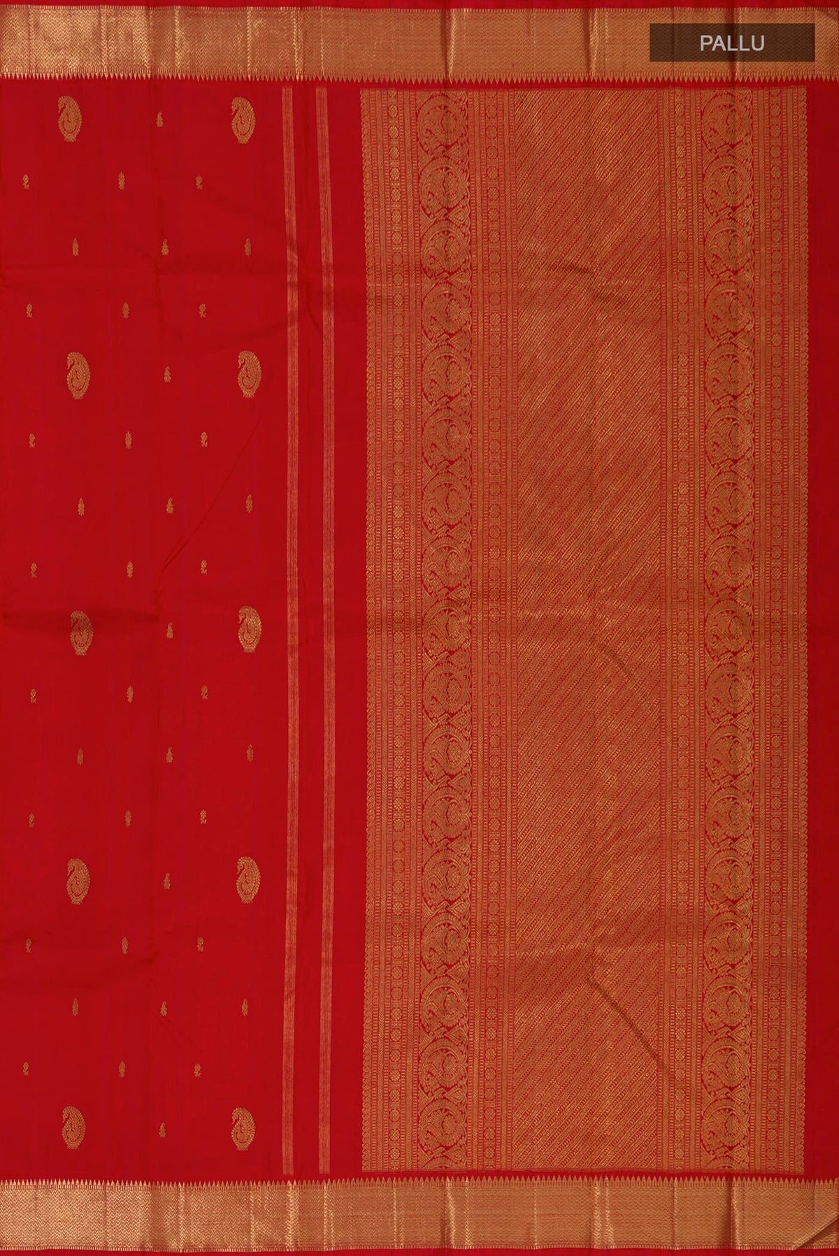 Close up image of the pallu of Pure Silk Pure Zari Red Kanchipuram Saree with Zari Butta on the body and Zari Border. 
