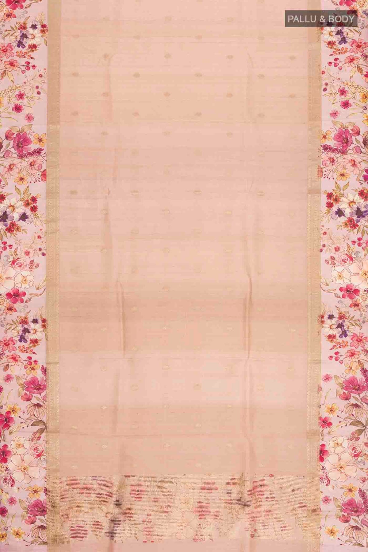 Flat view of Peach Tussar Silk Saree with Zari Butta on the body and Printed Border