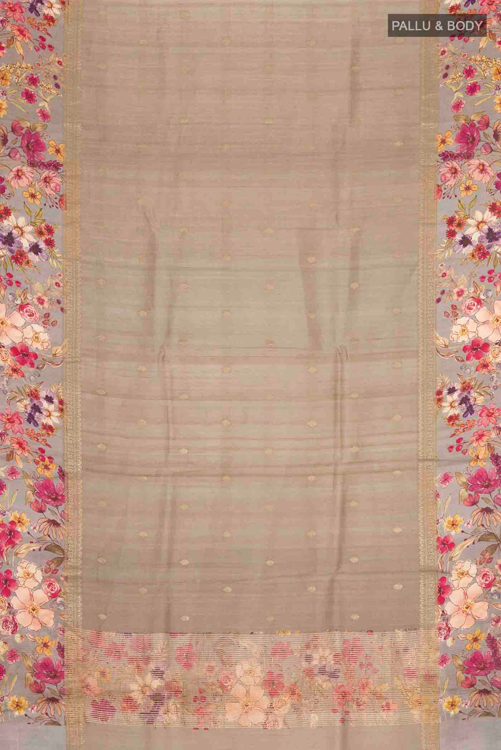 Flat view of Grey Tussar Silk Saree with Zari Butta on the body and Printed Border