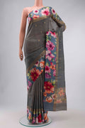 Grey Tussar Silk Saree with Zari Butta on the body and Printed Border displayed on a mannequin