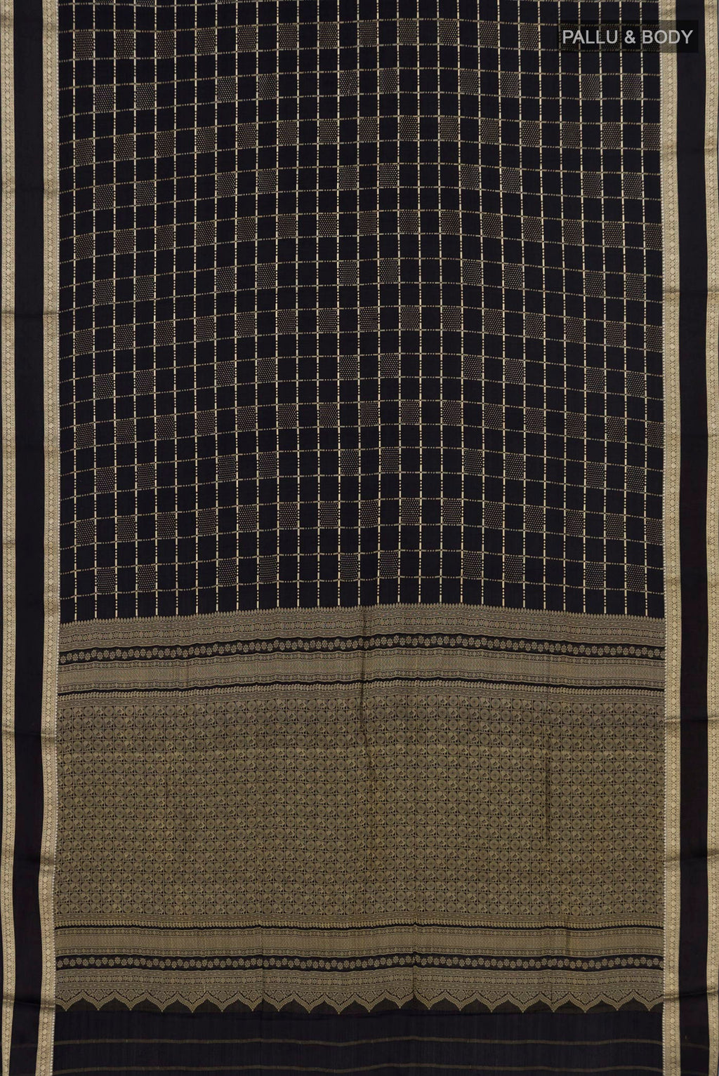 Flat view of Black Mysore Silk Saree with Checked design on the body and Zari Border. 