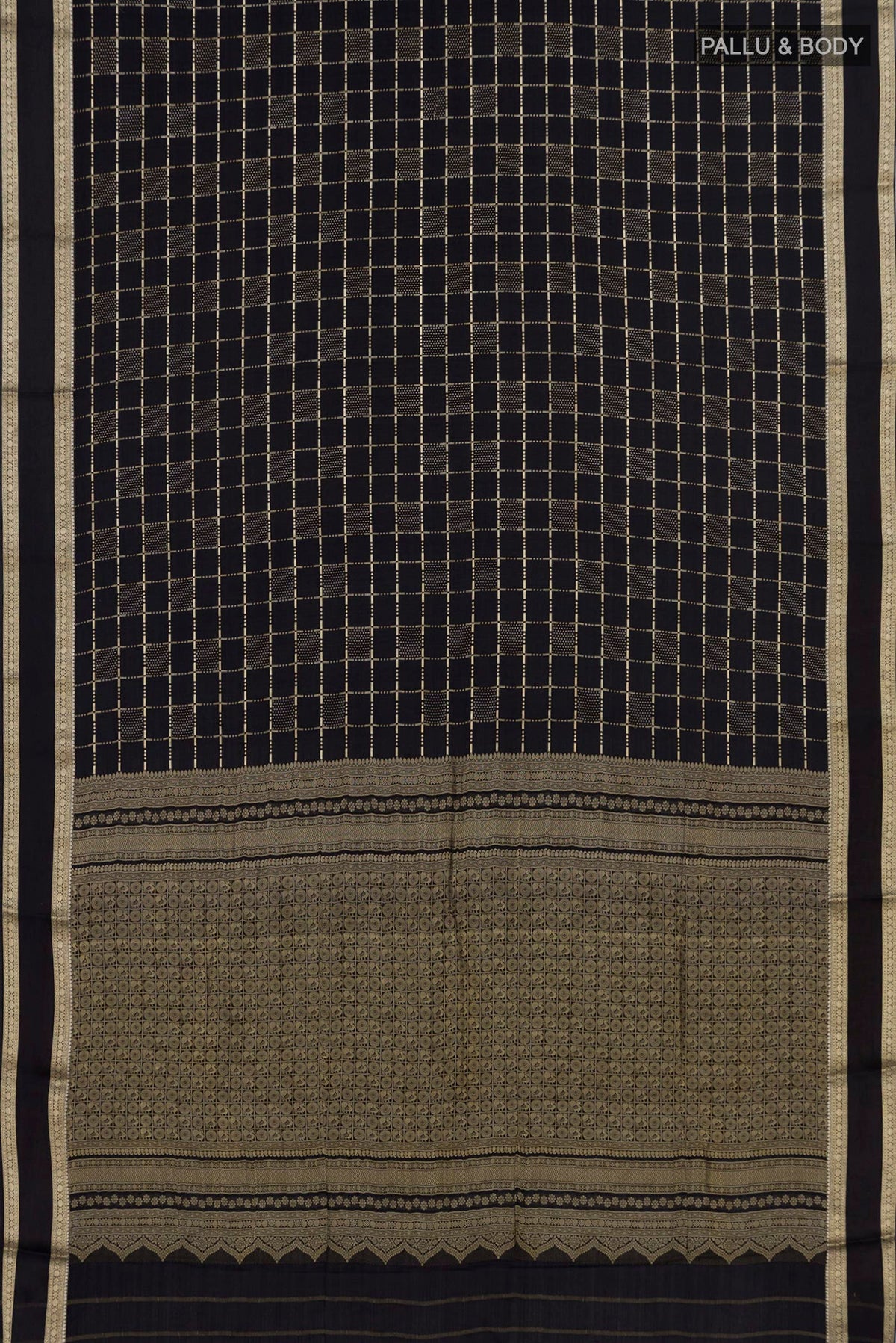 Flat view of Black Mysore Silk Saree with Checked design on the body and Zari Border. 