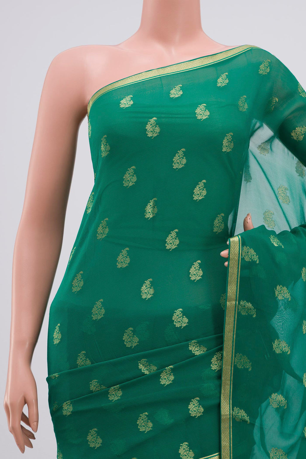 Border image of Green Chiffon Saree with Zari Brocade on the body and Zari Border. 