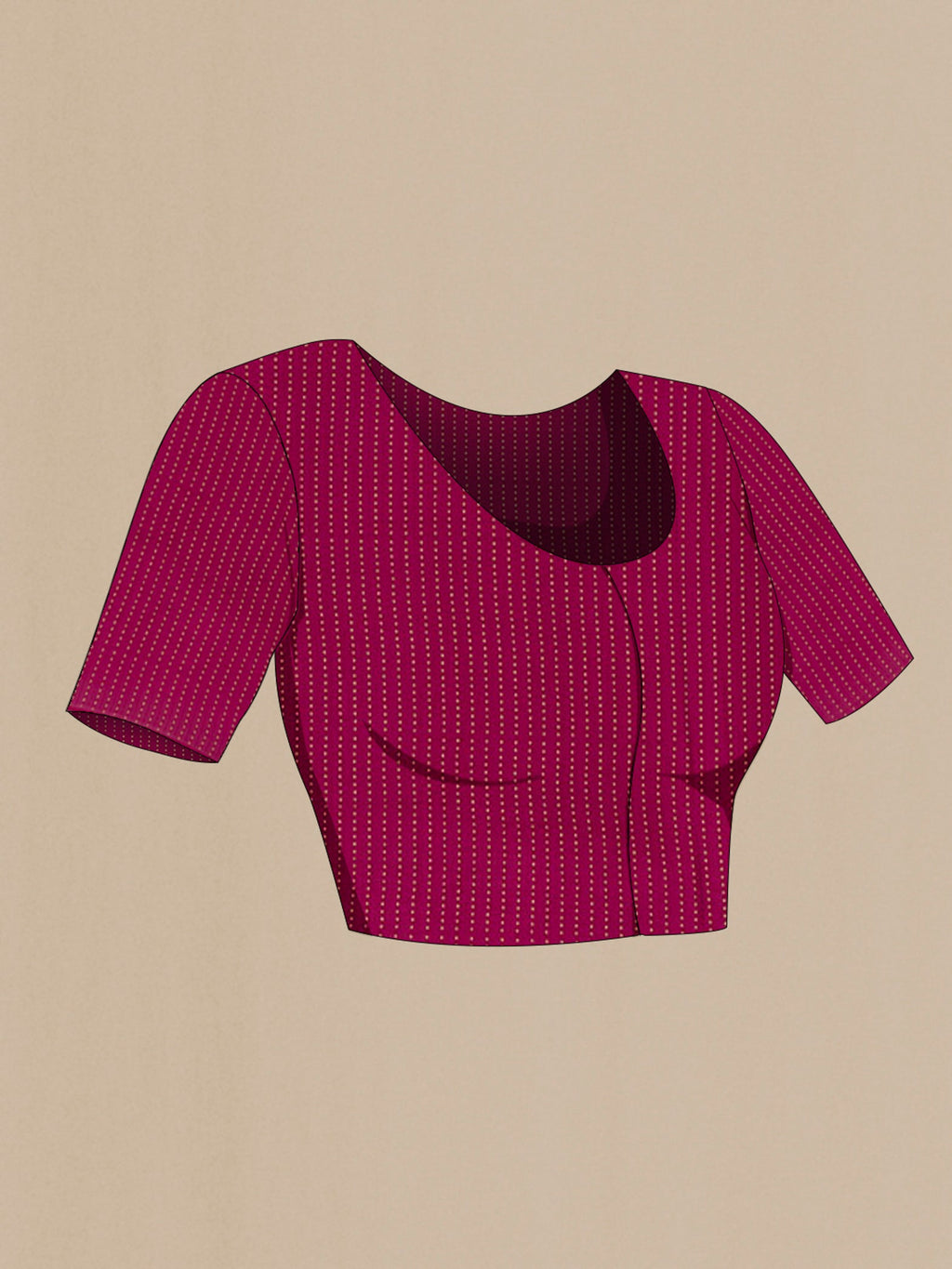 Close up image of the blouse of Magenta Chiffon Saree with Veldhari on the body and Zari Border. 