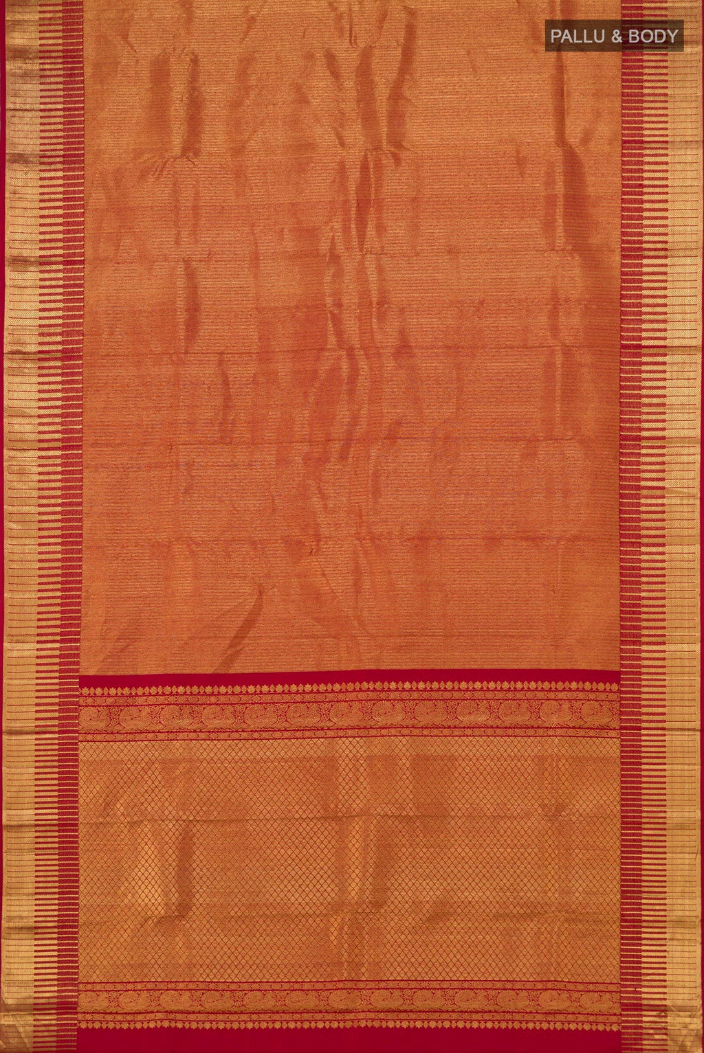 Flat view of Maroon Kanchipuram Silk Saree with Zari Brocade on the body and Zari Border. 