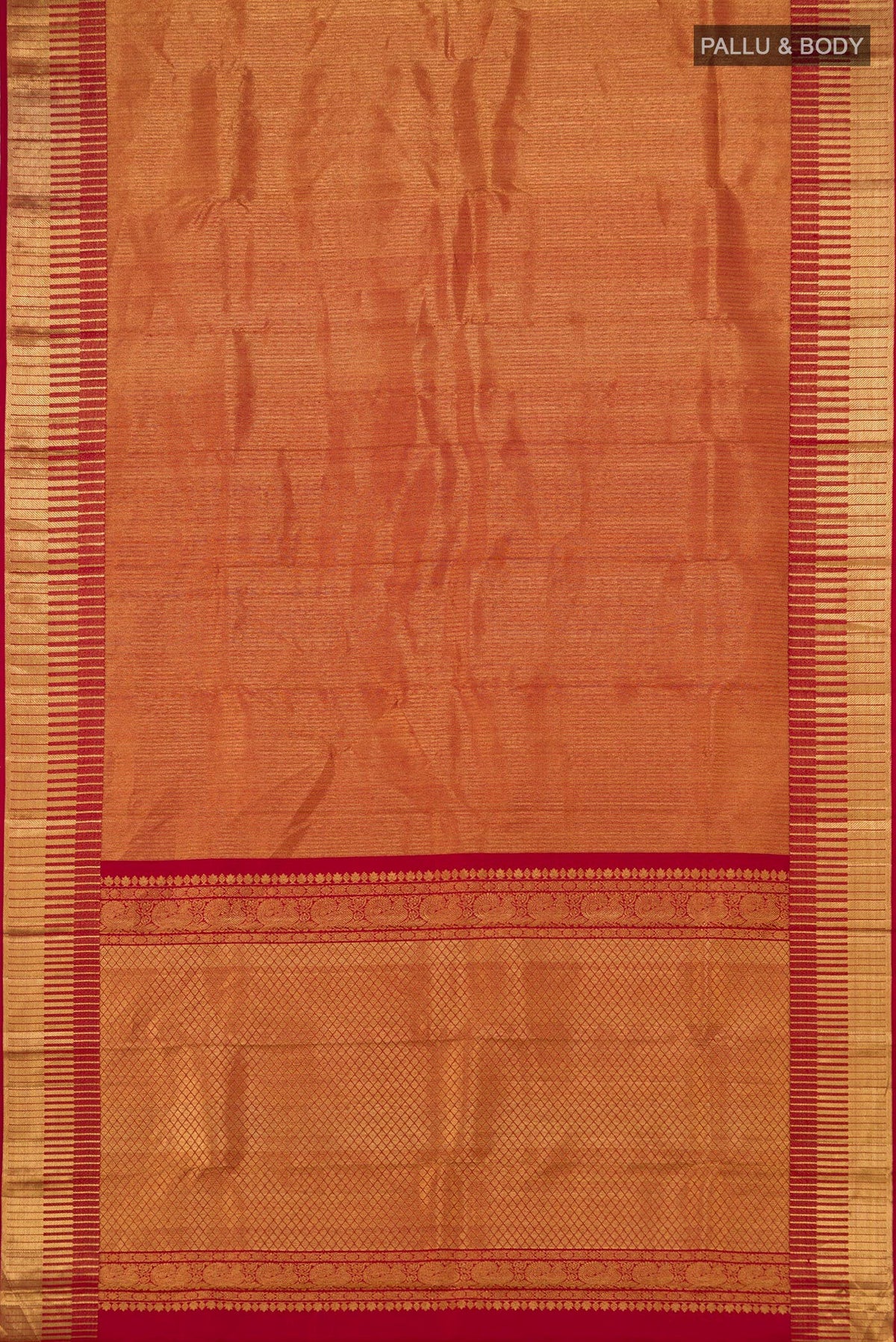 Flat view of Maroon Kanchipuram Silk Saree with Zari Brocade on the body and Zari Border. 