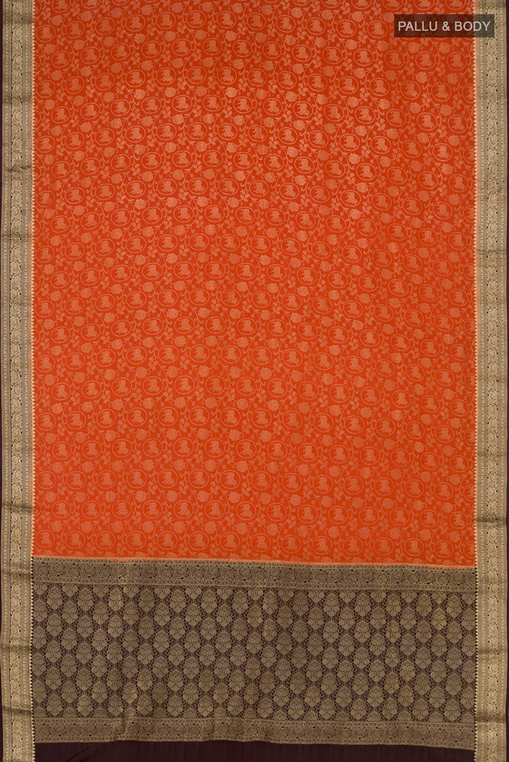 Flat view of Orange Mysore Silk Saree with Zari Brocade on the body and Zari Border. 