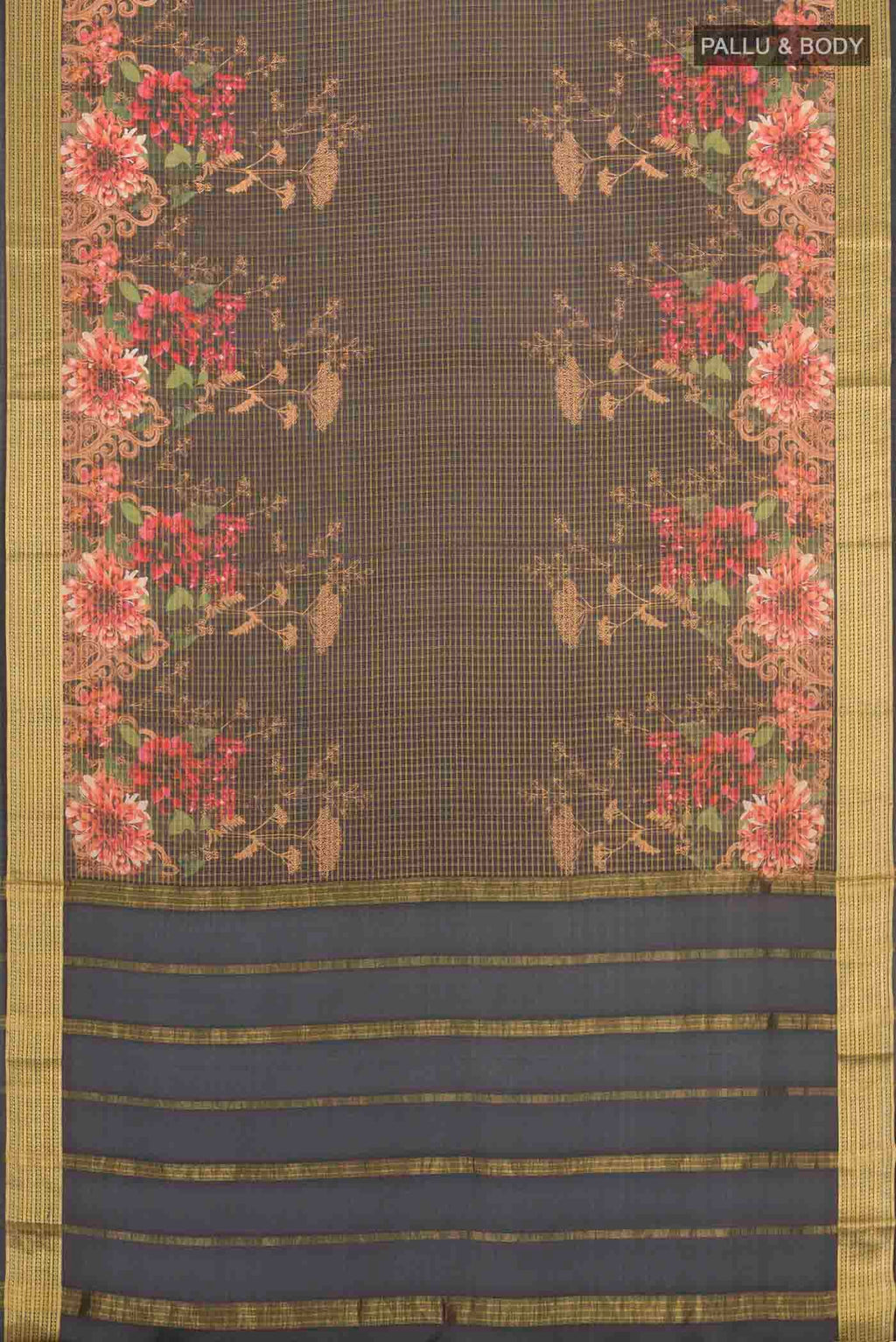 Flat view of Black Mysore Crepe Saree with Checked design on the body and Zari Border