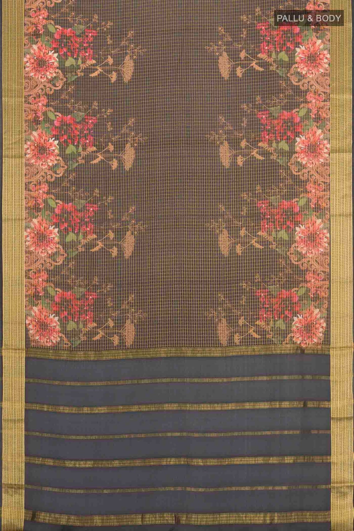 Flat view of Black Mysore Crepe Saree with Checked design on the body and Zari Border