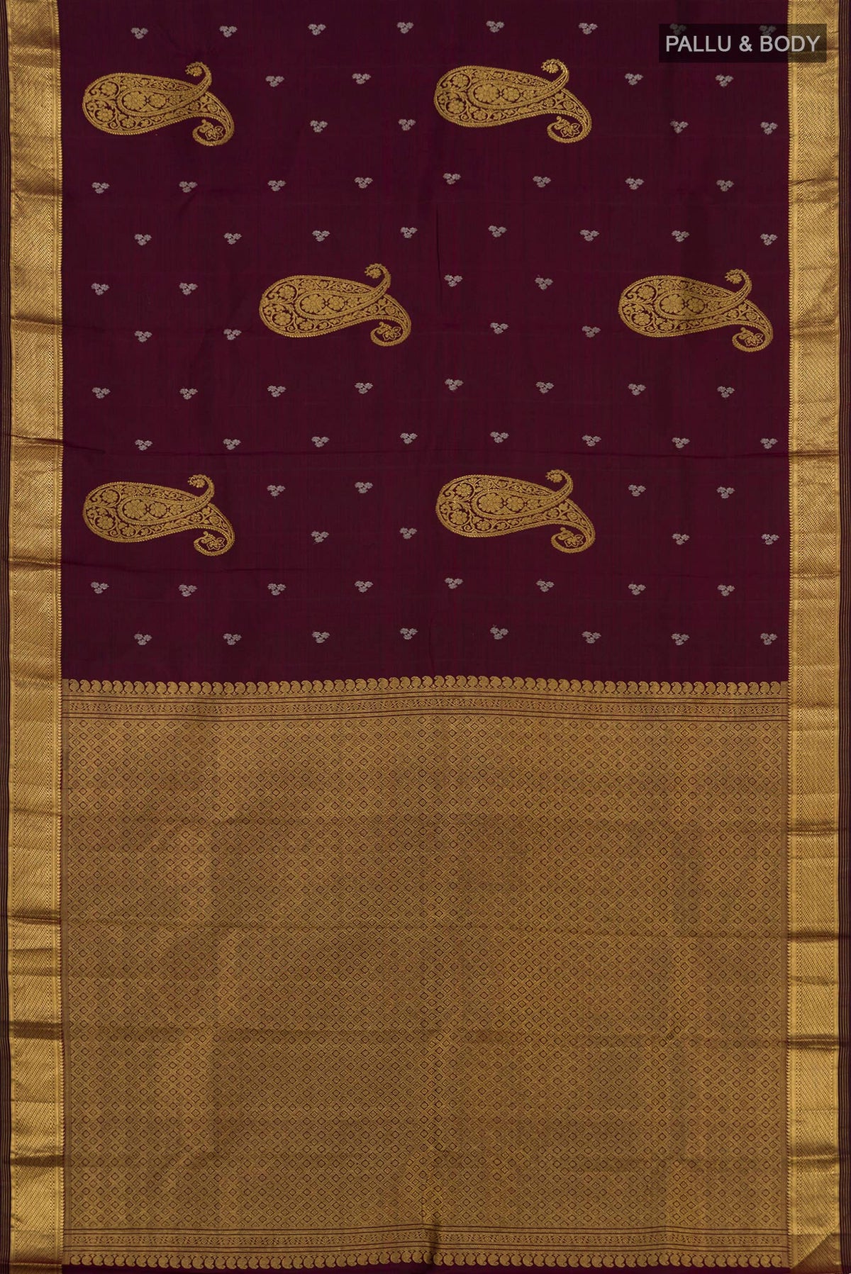 Flat view of Brown Kanjivaram Silk Saree with Zari Butta on the body and Zari Border. 