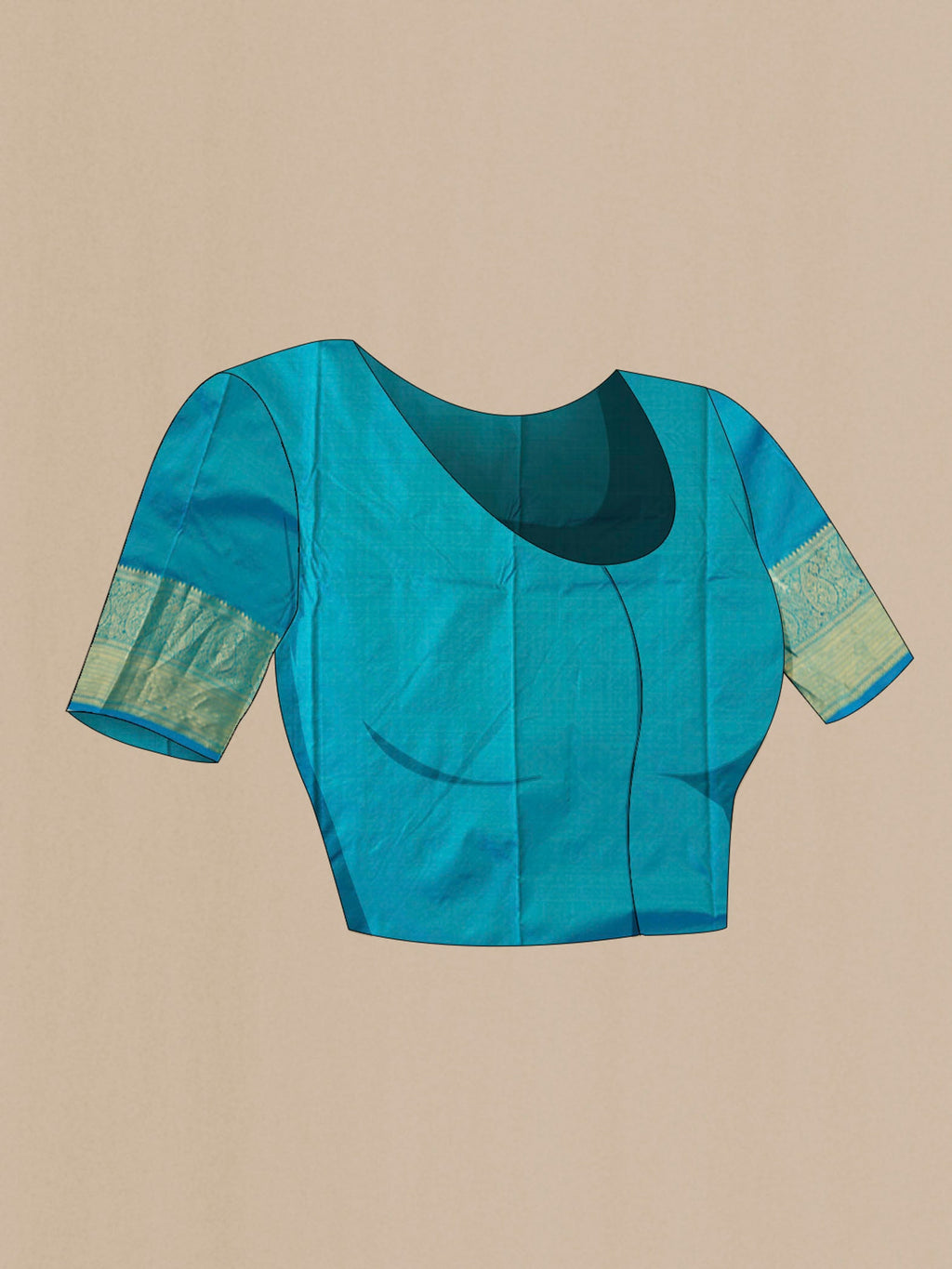Close up image of the blouse of Blue Kanchipuram Silk Saree with Zari Brocade on the body and Zari Border