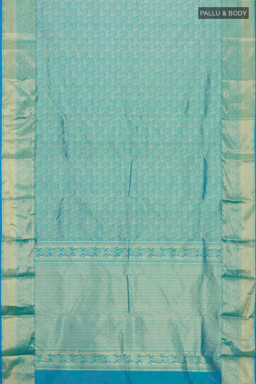 Flat view of Blue Kanchipuram Silk Saree with Zari Brocade on the body and Zari Border