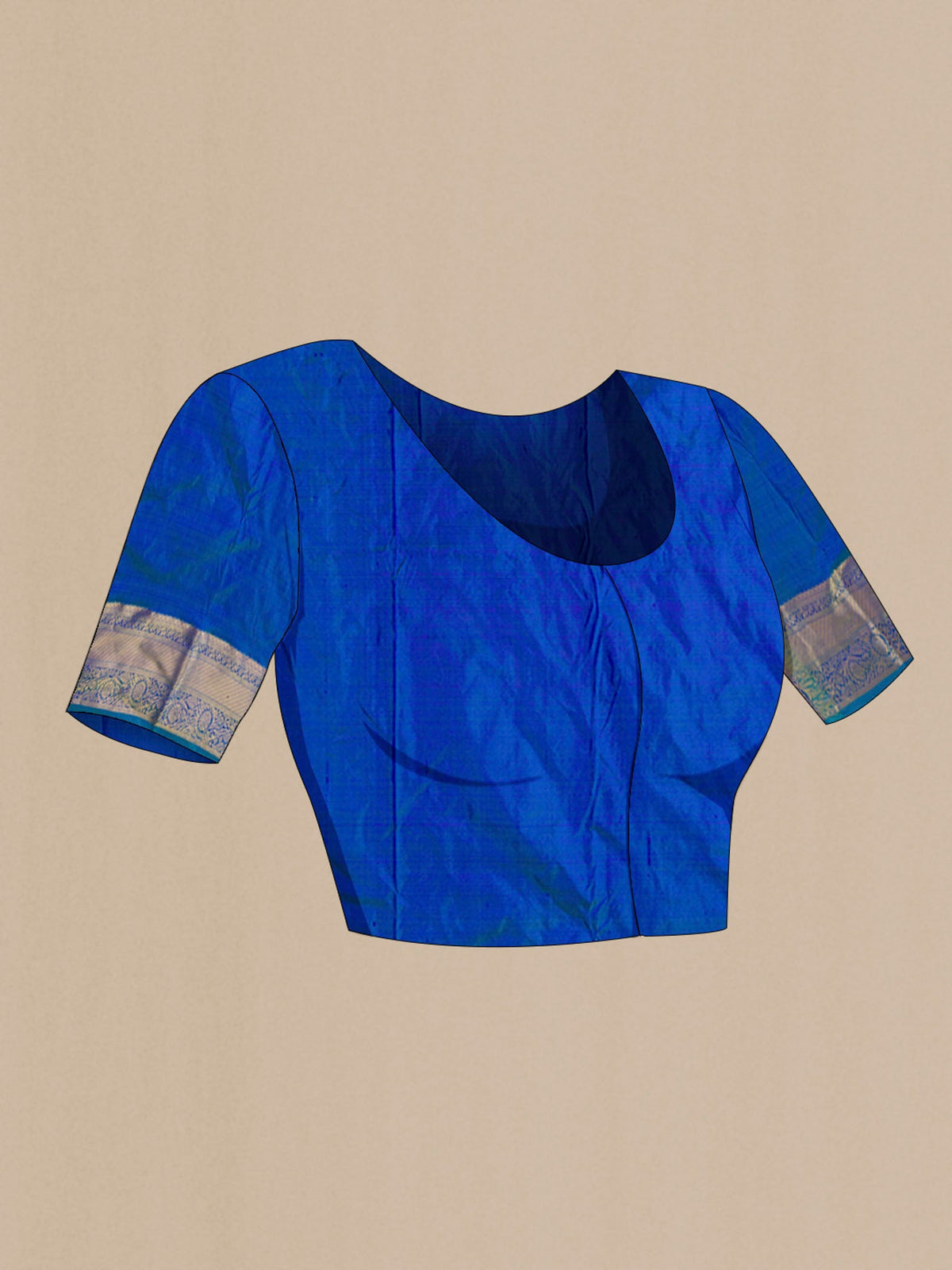 Close up image of the blouse of Blue Kanchipuram Silk Saree with Zari Brocade on the body and Zari Border